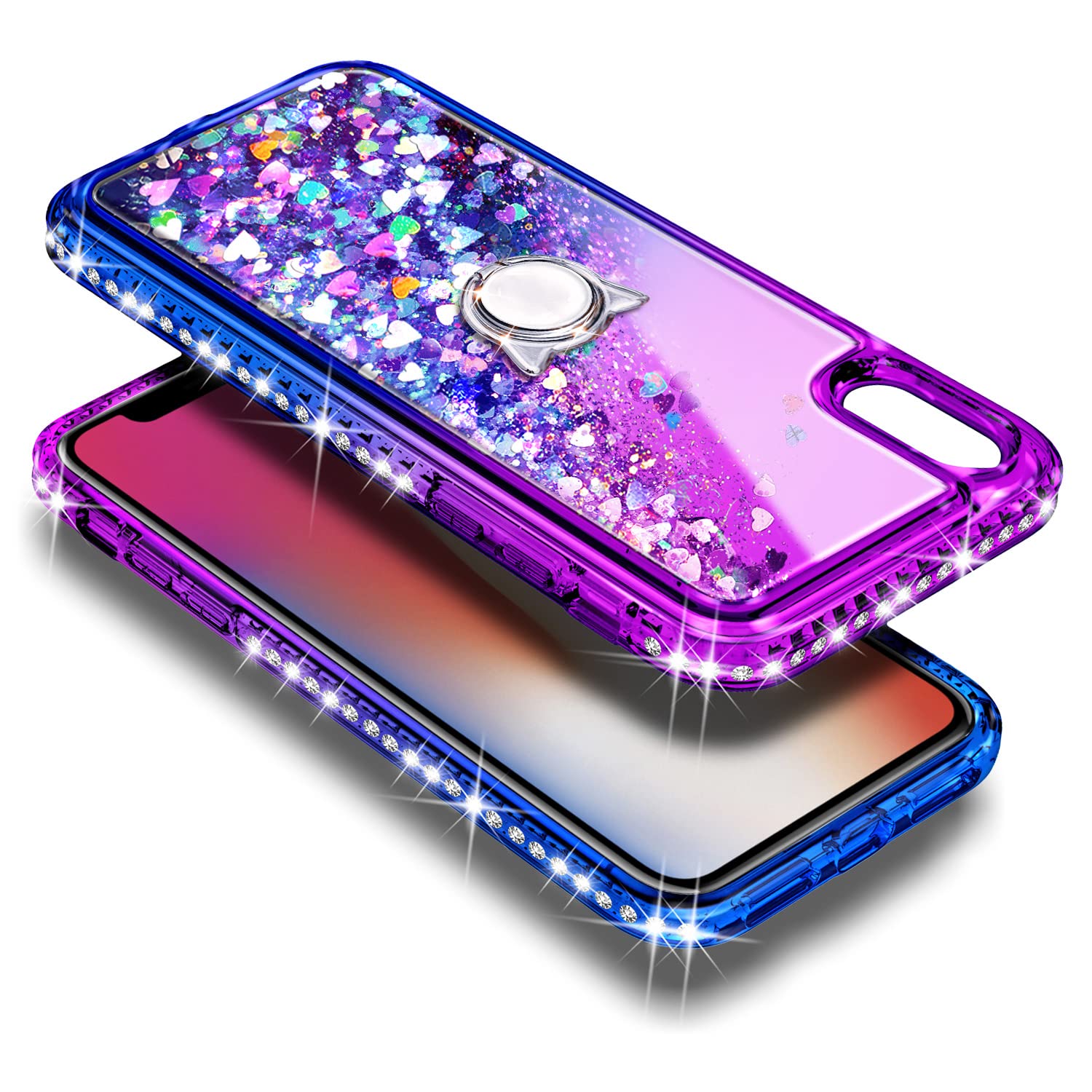 NGB Supremacy iPhone XR Liquid Glitter Case with Ring Holder, Wrist Strap, Tempered Glass Screen Protector TPU Purple/Blue