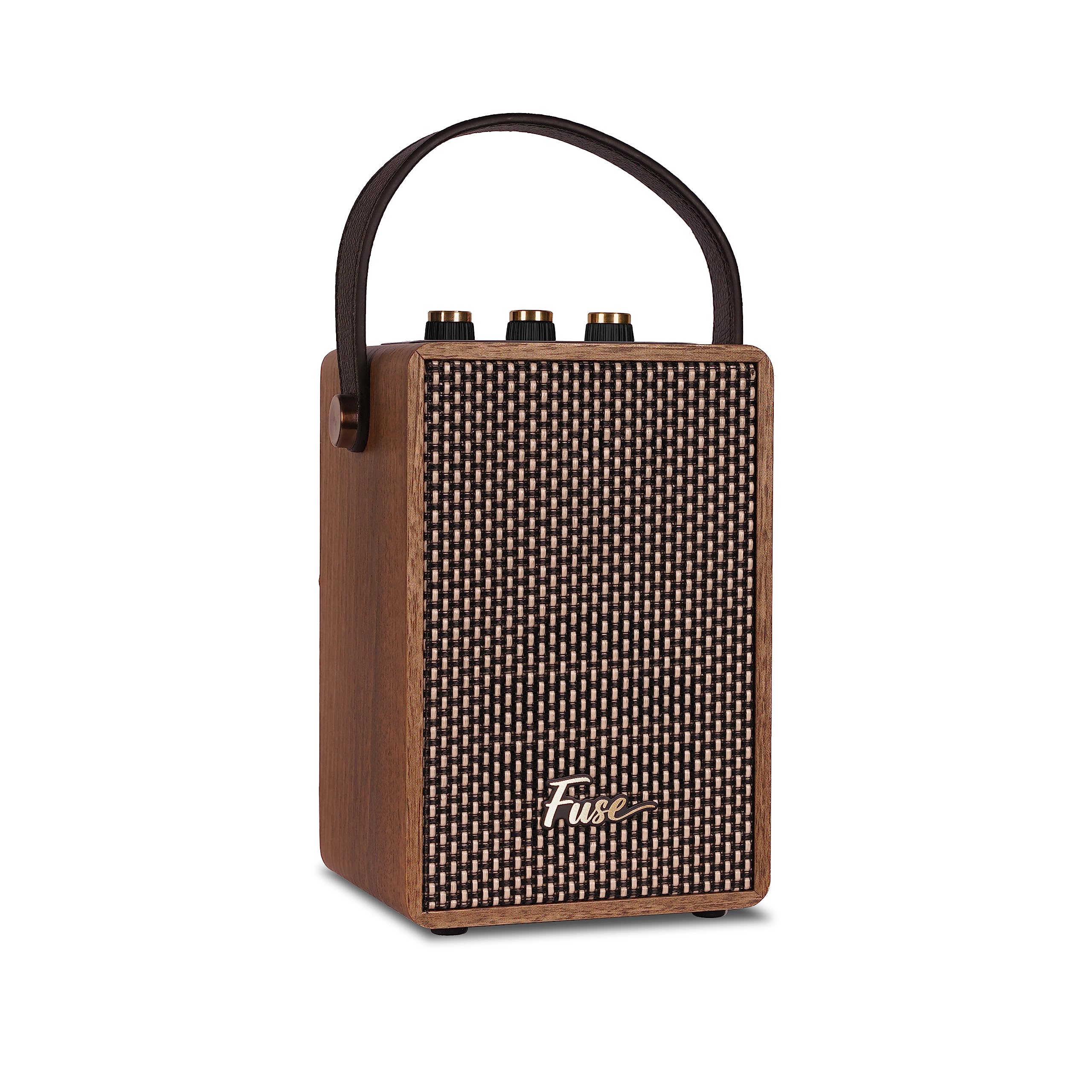 Fuse Andle Vintage Retro Bluetooth Speaker With Vegan Leather Handle | Portable Speaker With Smartphone Connection | Usb & Aux Input | Stylish Brown Wood Exterior