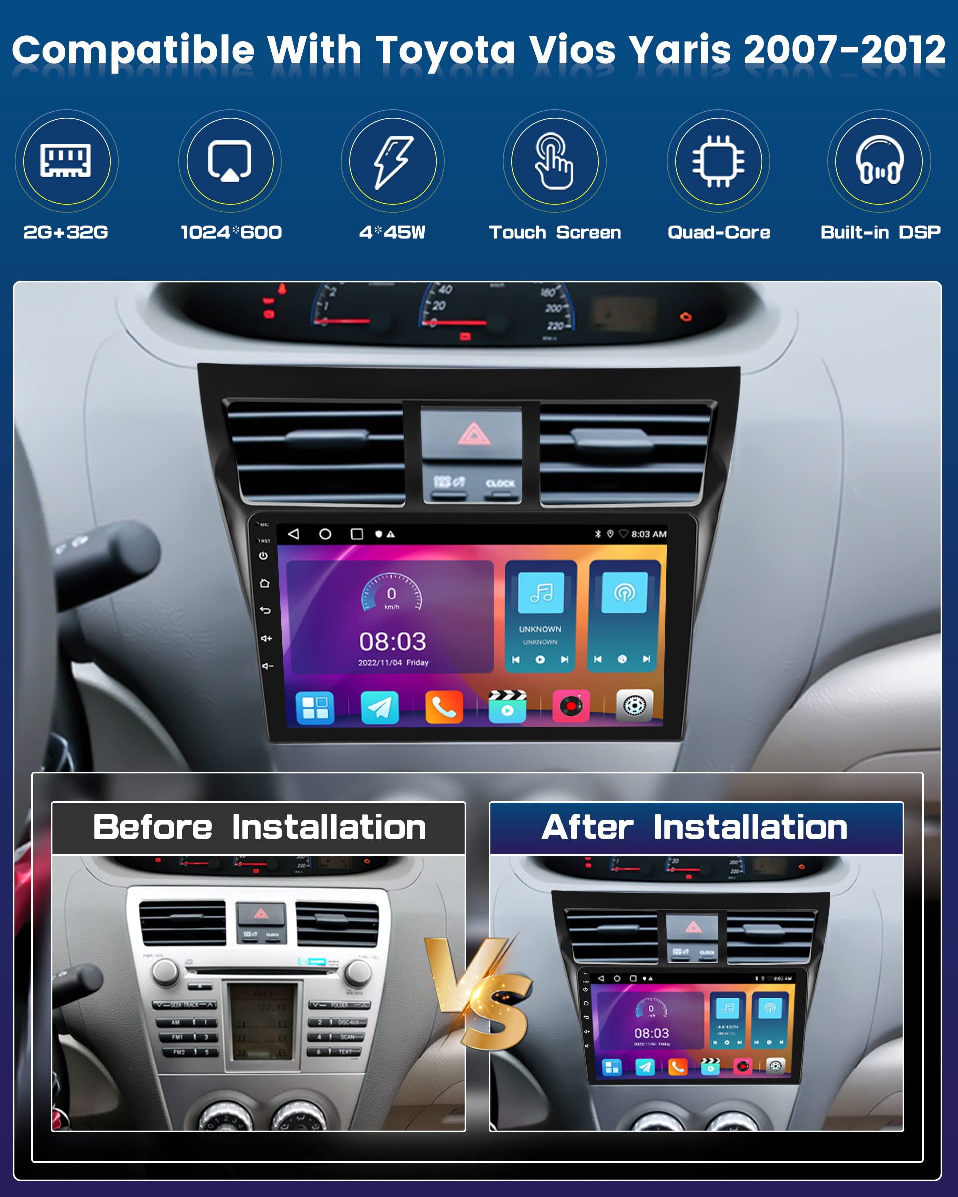 Roinvou 2+32G Android Carplay Stereo For 2007 2012 Toyota Yaris Vios, 9'' Touch Screen In Dash Gps Navigation With Built In Wire