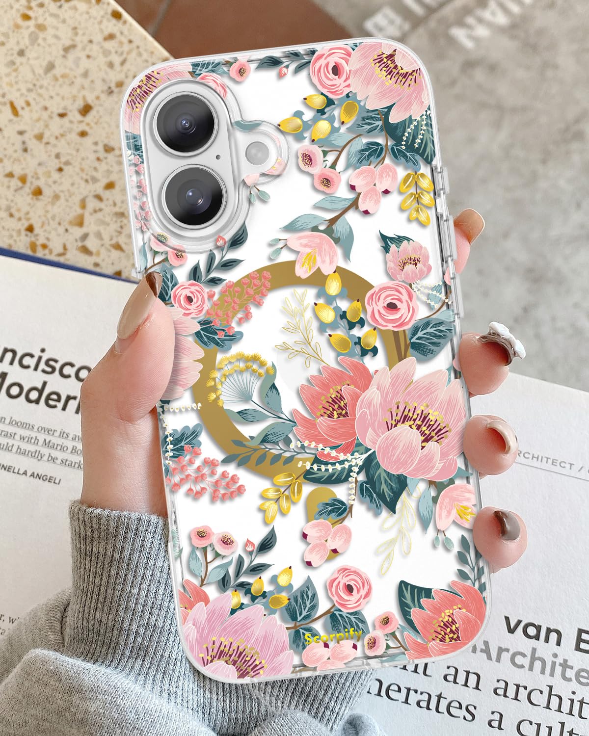 Scorpify For Iphone 16 Case [Compatible With Magsafe] With Pink Epiphyllum Floral Design, Cute Clear Flower Magnetic Phone Cover