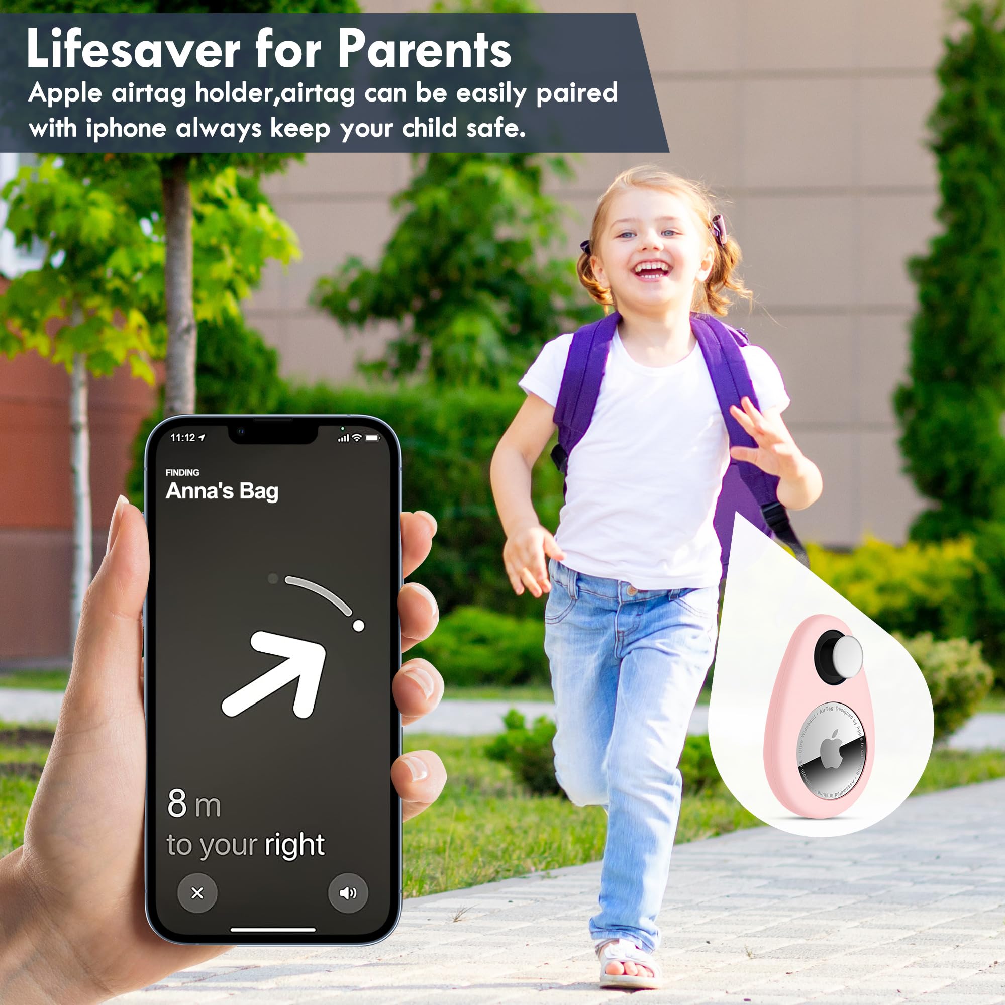Zonsiton Airtag Holder for Kids - Silicone Anti-Removal Case with Safety Pins, 2 Pack, Black+White+Blue+Pink