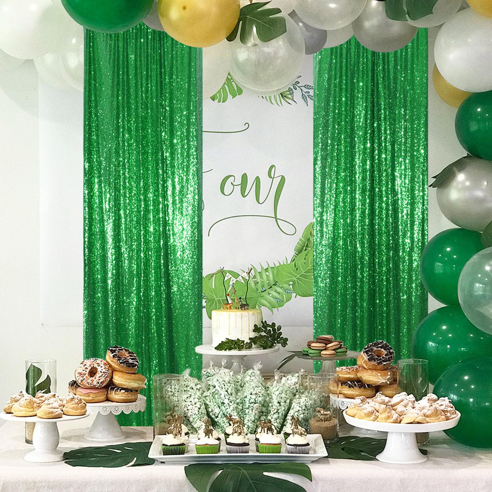 Partydelight Green 2Ft X 8Ft Sparkly Sequin Backdrop Curtains, 2 Panels, For Wedding, Party, Room Decorations