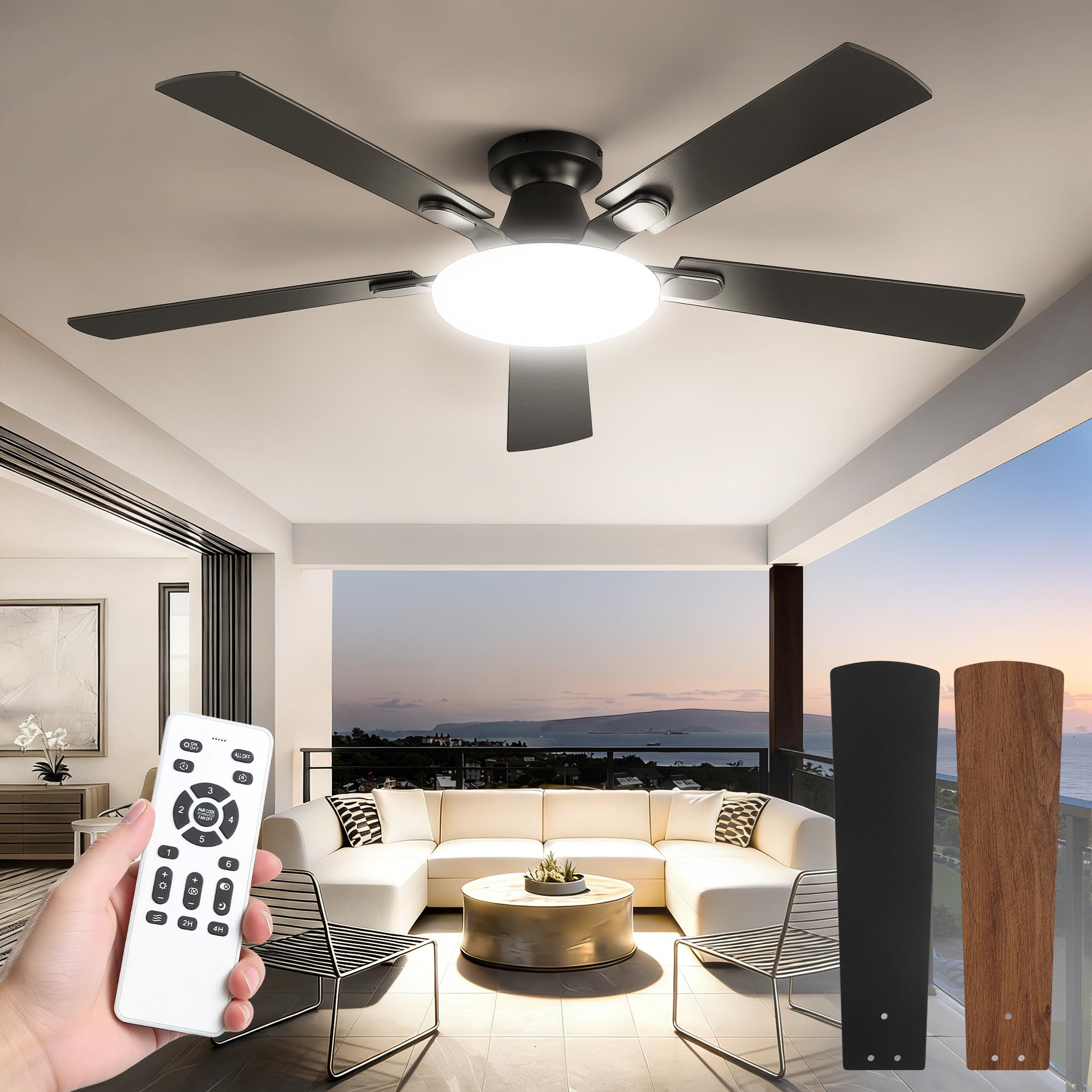 52 Inch Ceiling Fan with Lights and Remote, 30W 12 LED Panel Flush Mount Ceiling Fan, 6-Speed Quiet DC Motor Modern Low Profile 