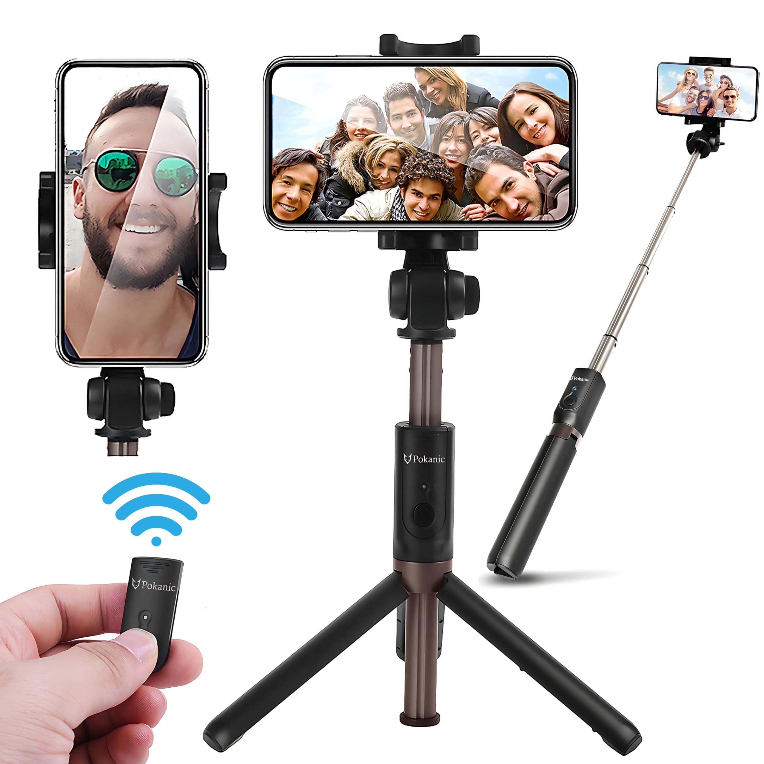 Pokanic Selfie Stick Tripod With Wireless Remote Controller Pouch Extendable Adjustable Stand Mount Light Weight V Log Compatible With All Apple Iphone, Samsung Galaxy (Black)