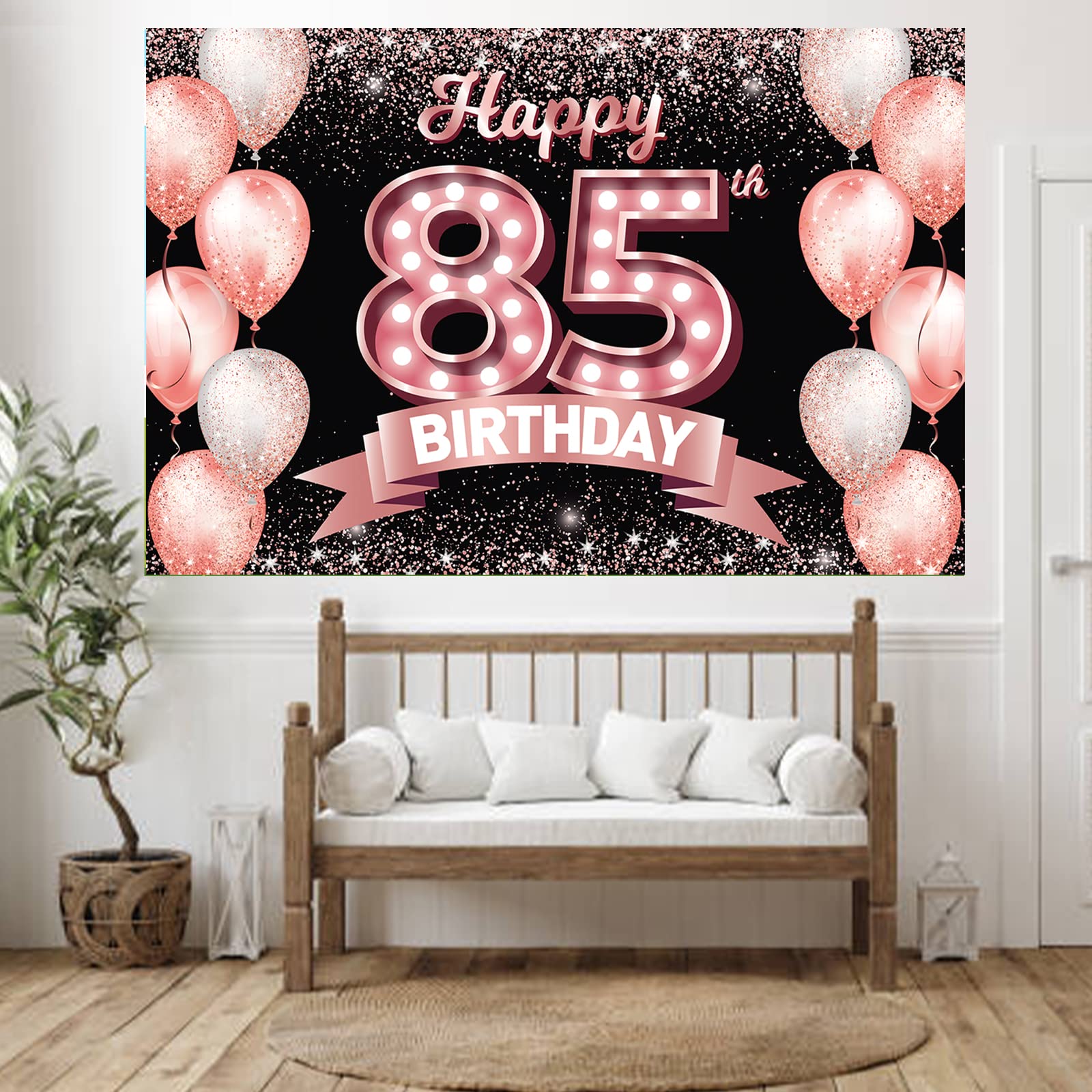 Happy 85Th Birthday Rose Gold Banner Backdrop Cheers To 85 Years Old Confetti Balloons Theme Decor Decorations For Women 85 Year