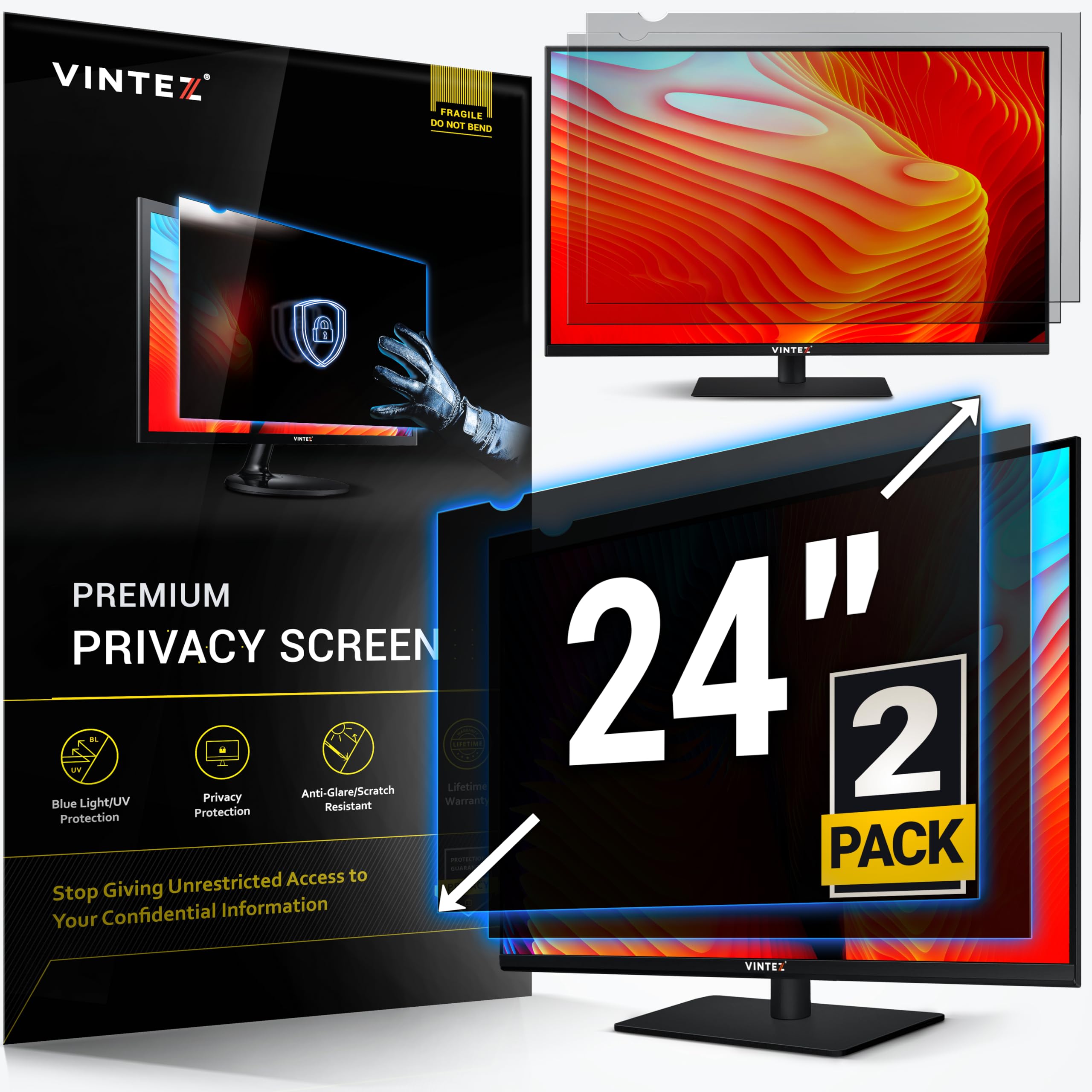 [2 Pack] 24 Inch 16:9 Computer Privacy Screen Filter for Widescreen Monitor and Laptop - Anti-Glare - Anti-Scratch Protector Fil