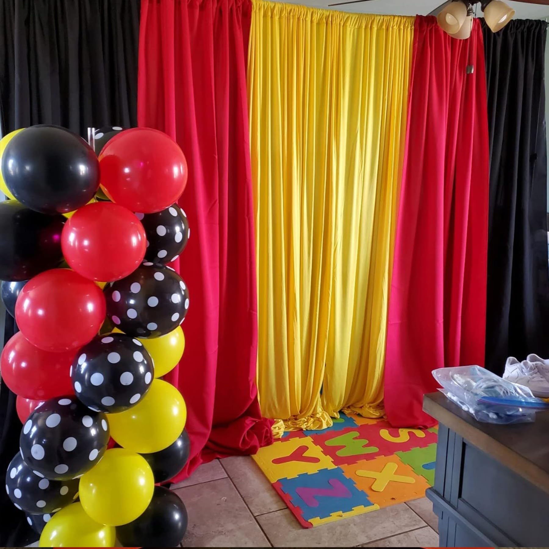 15Ft X 10Ft Wrinkle Free Black Red Yellow Backdrop Curtains For Parties, 6 Panels 2.5Ftx10Ft Photo Backdrop Drapes For Christmas