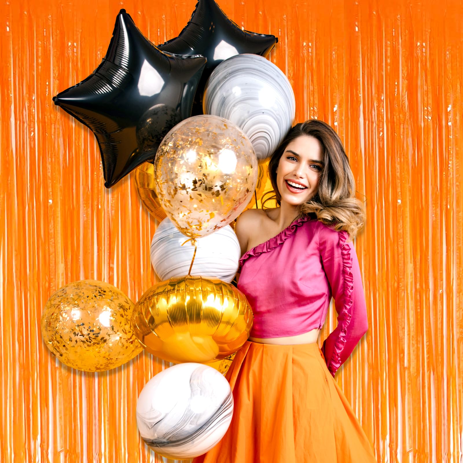 3 Pack Macaron Orange Foil Fringe Curtain Backdrop, 3.28Ft X 8.2Ft Metallic Tinsel Foil Fringe Streamer Curtains For Photo Booth