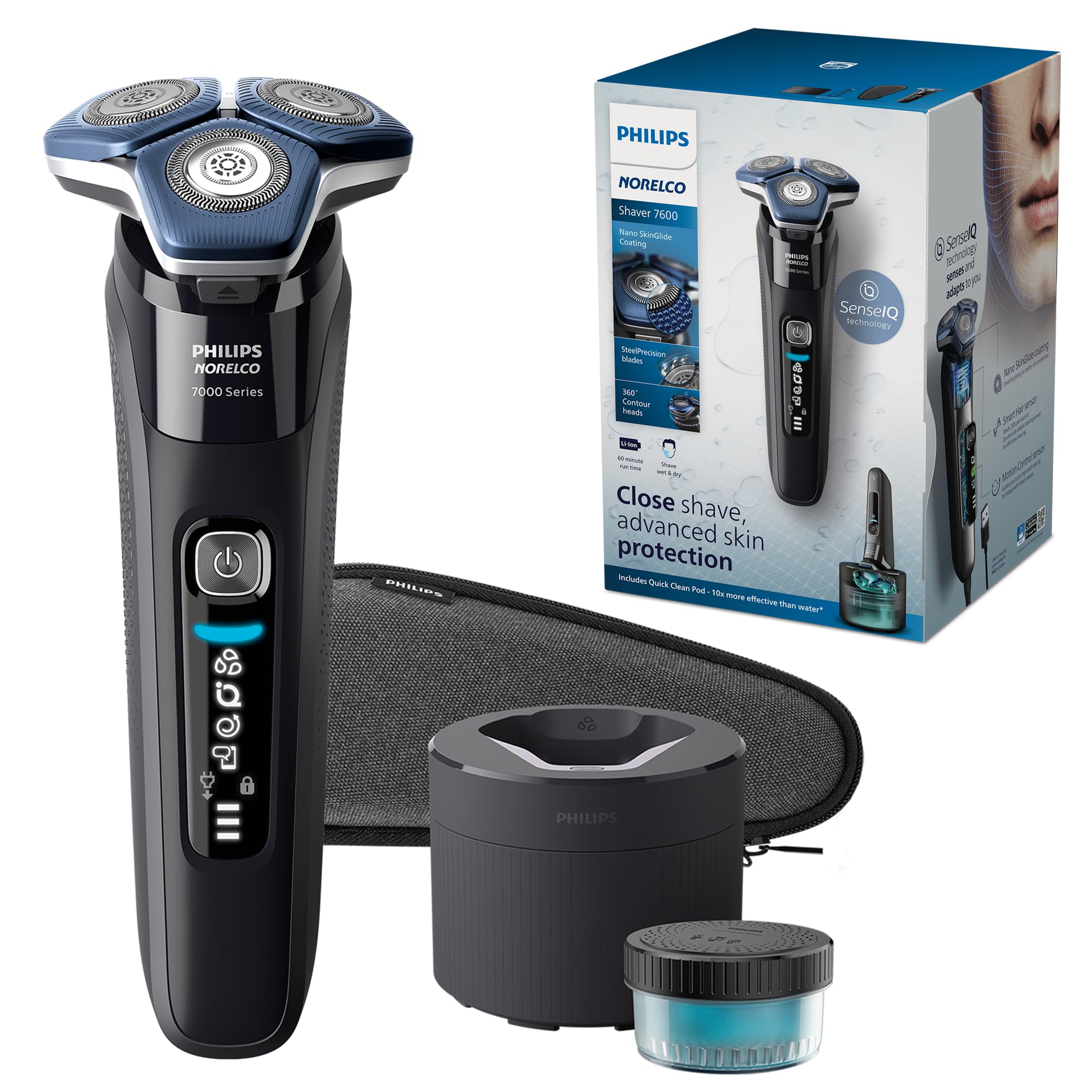 Philips Norelco Shaver 7600, Rechargeable Wet & Dry Electric Shaver With Senseiq Technology, Quick Clean Pod, Travel Case & Pop 