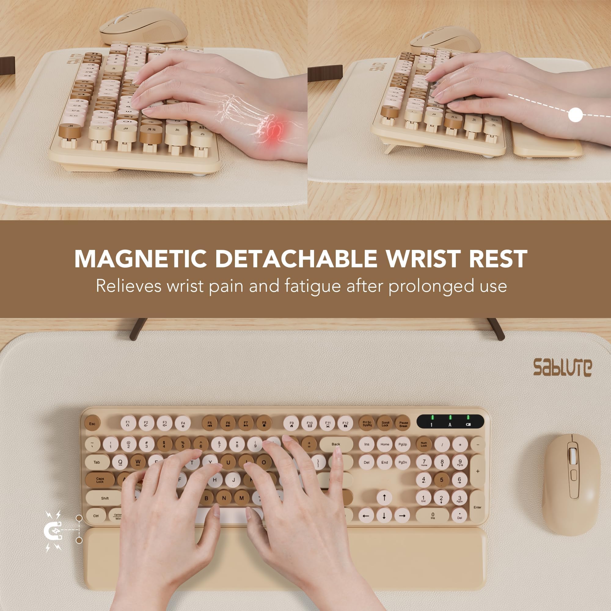 Wireless Keyboard And Mouse Combo, Round Keycaps, Full Size Retro Typewriter Keyboard With Detachable Wrist Rest, Sleep Mode & T