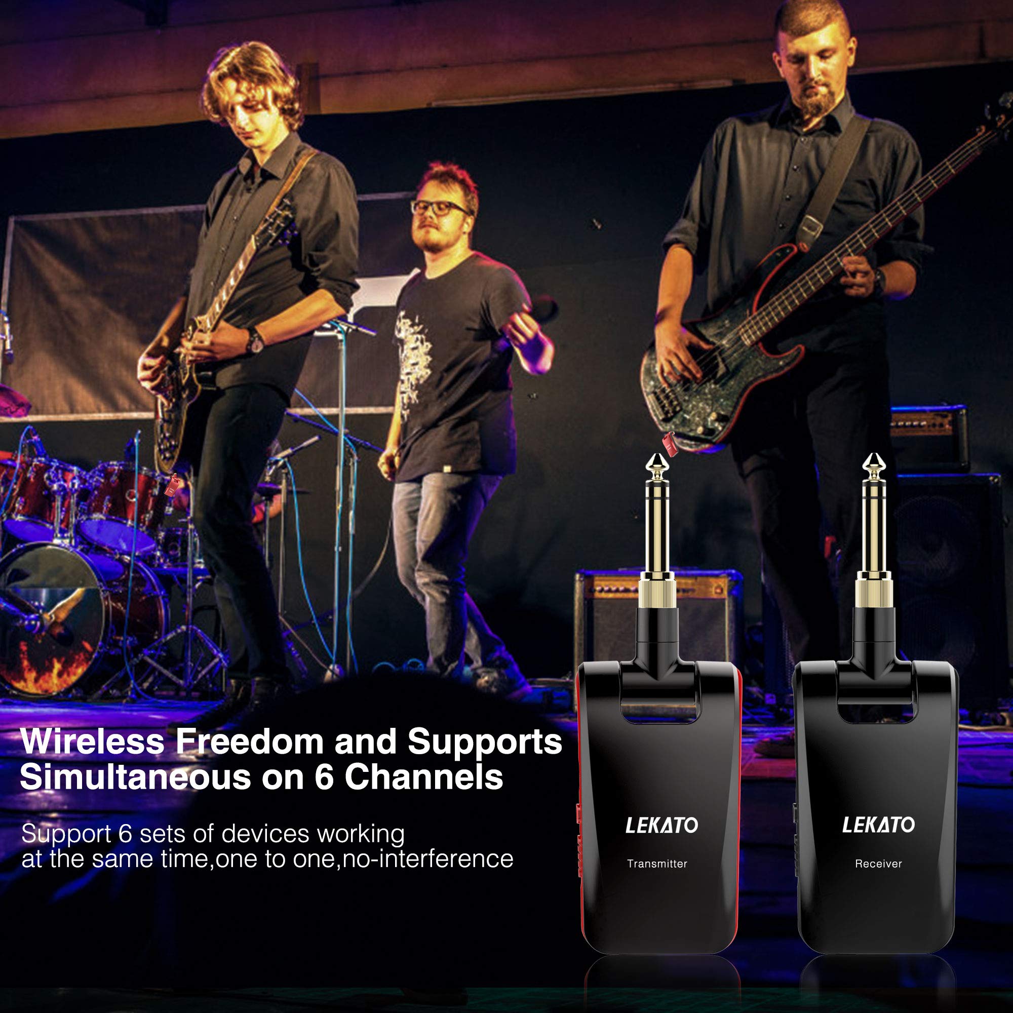 Lekato Wireless Guitar System 2.4Ghz Rechargeable Audio Wireless Transmitter Receiver 6 Channels For Guitar Bass Electric Instru