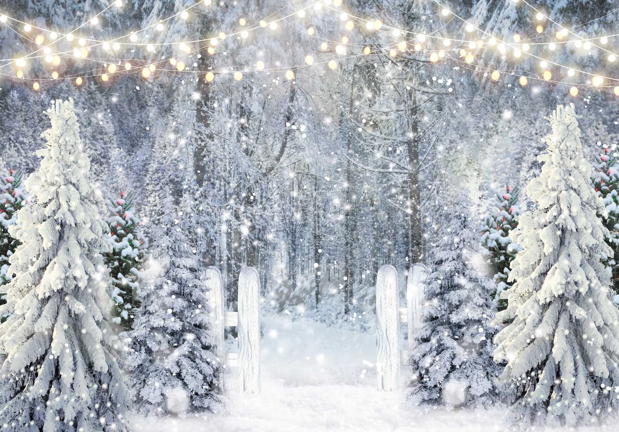 LIVUCEE 10x8ft Polyester Fabric Winter White Snowy Forest Backdrop for Photography Christmas Glitter Wonderland Nature Xmas Tree