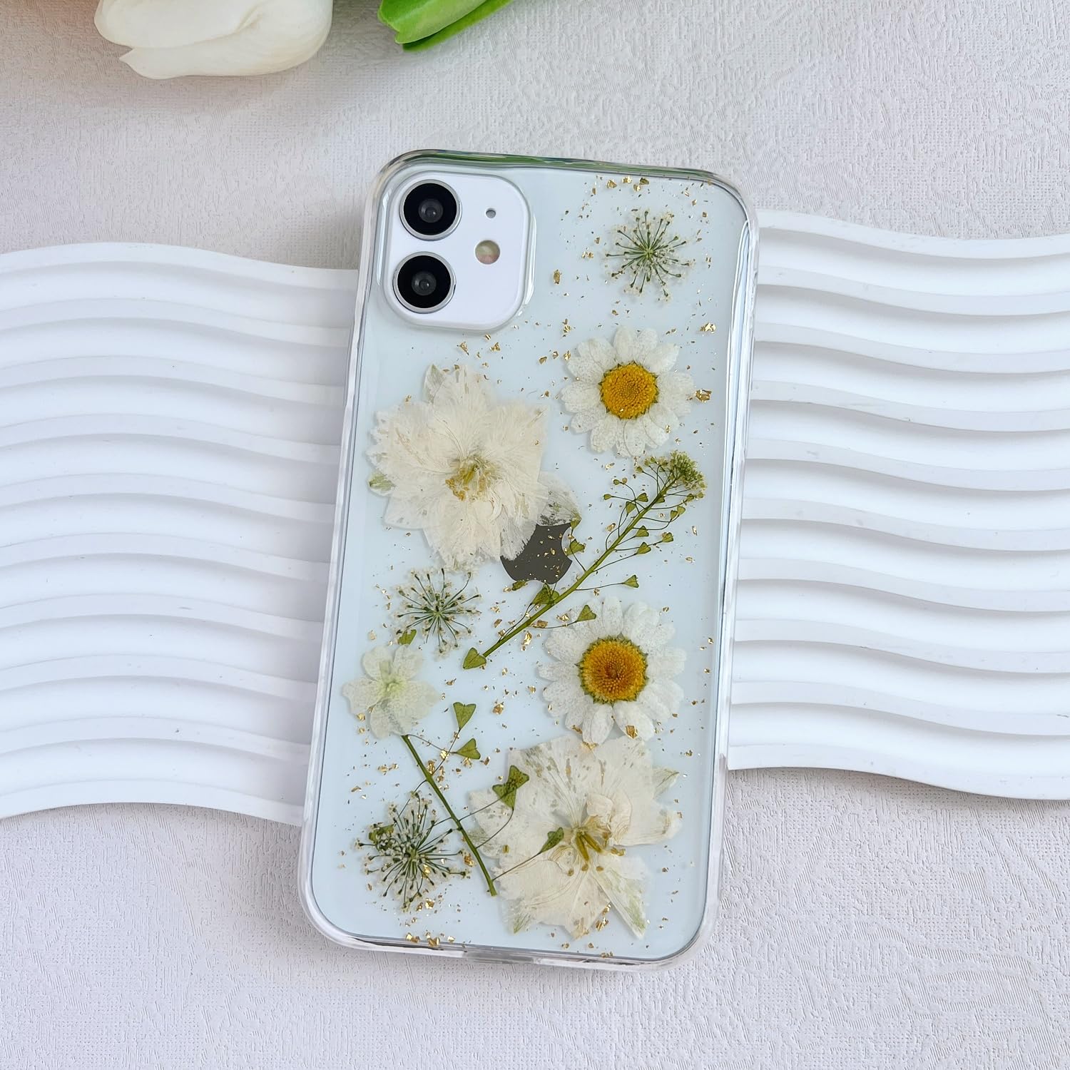 Lseeka For Iphone 11 Clear Case With Pressed Real Flowers Design,Glitter Cute White Floral Pattern Slim Soft Tpu Protective Wome