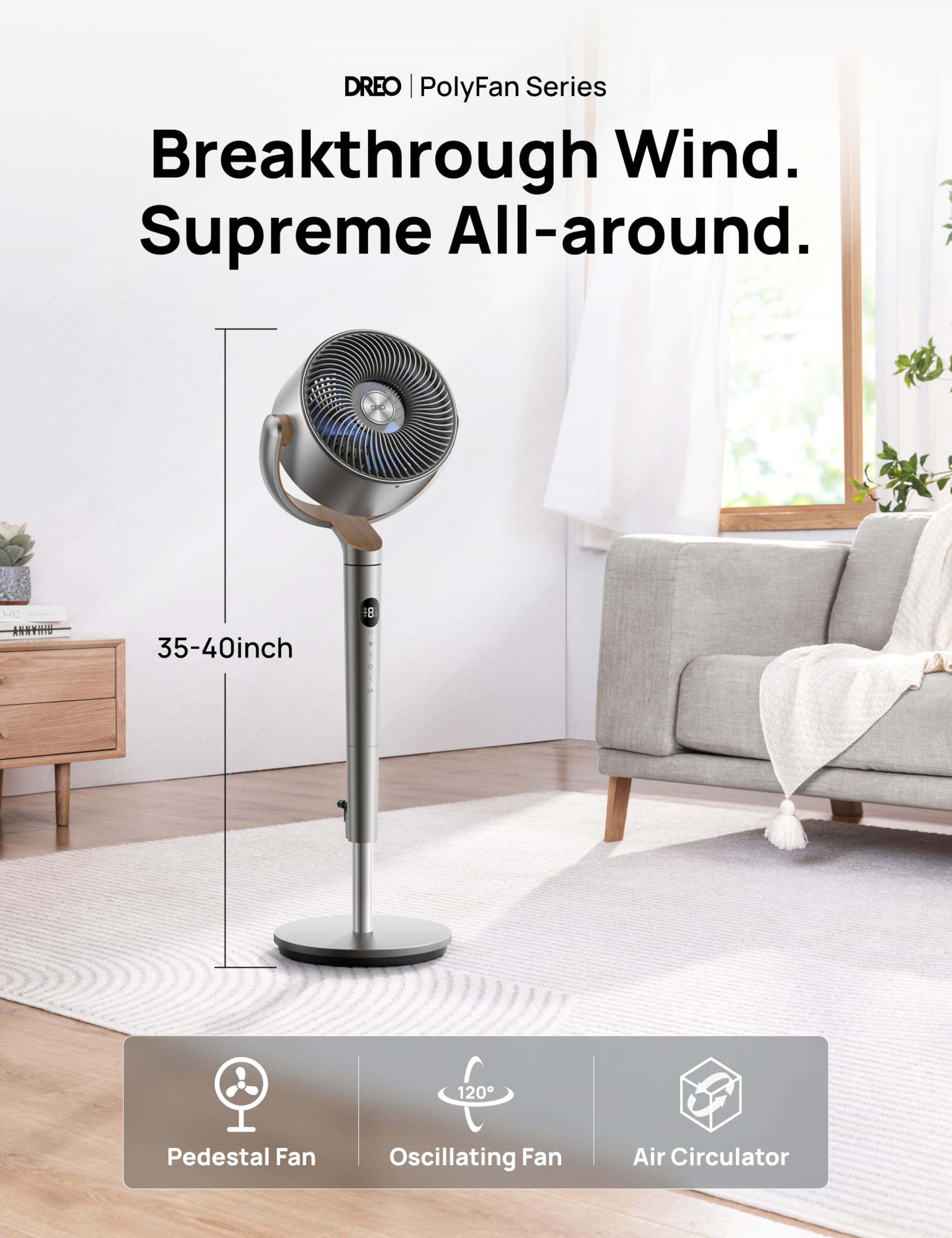 Dreo 40 Silver Standing Fan, Omni-Directional Oscillation, 8 Speeds, Remote, DC Motor, 8H Timer, Adjustable Height, Quiet Pedestal Fan