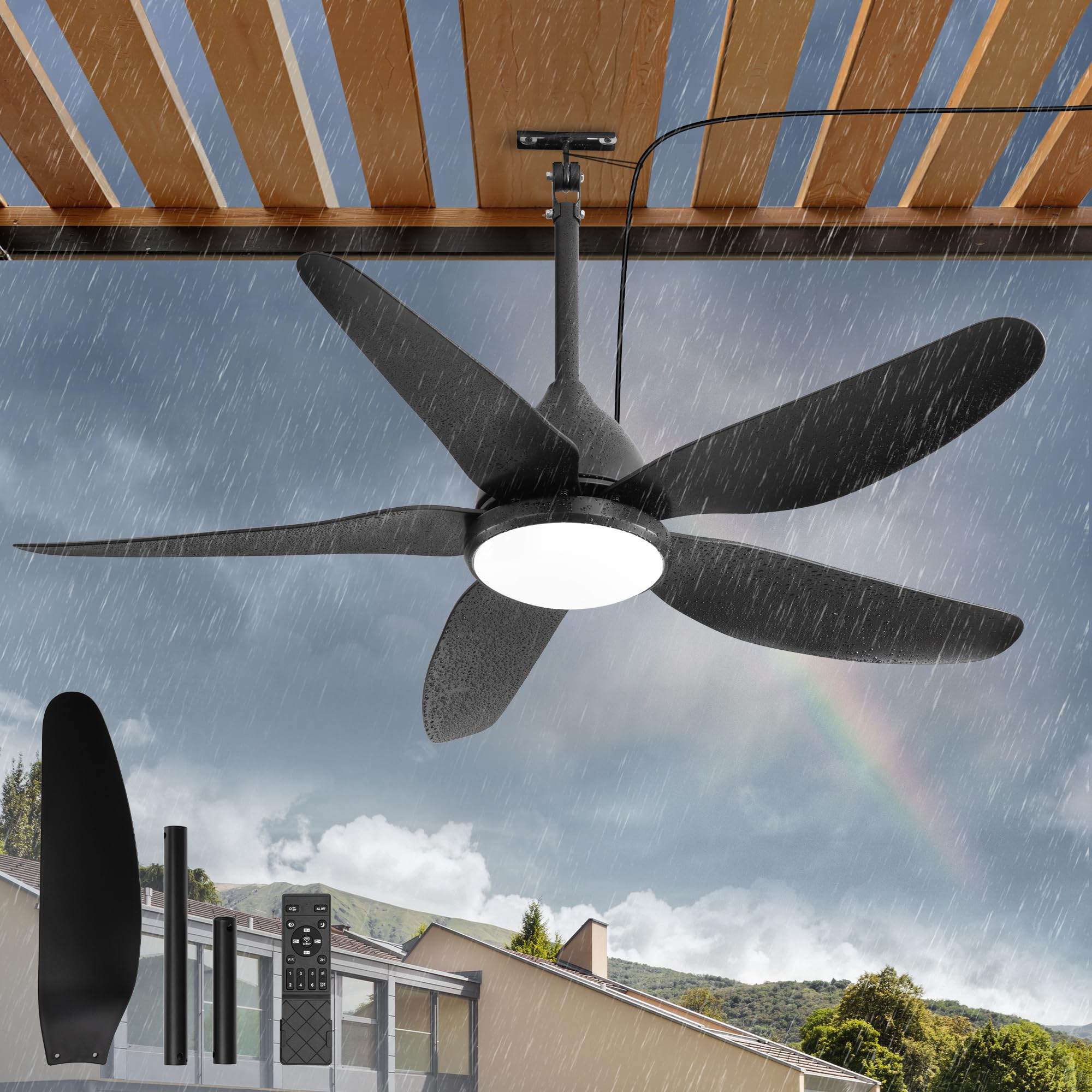 Glowivia 46 Outdoor Ceiling Fan with Lights, IP65 Waterproof Gazebo Fan with Remote Control 6-Speeds DC Motor, Black Plug in Han