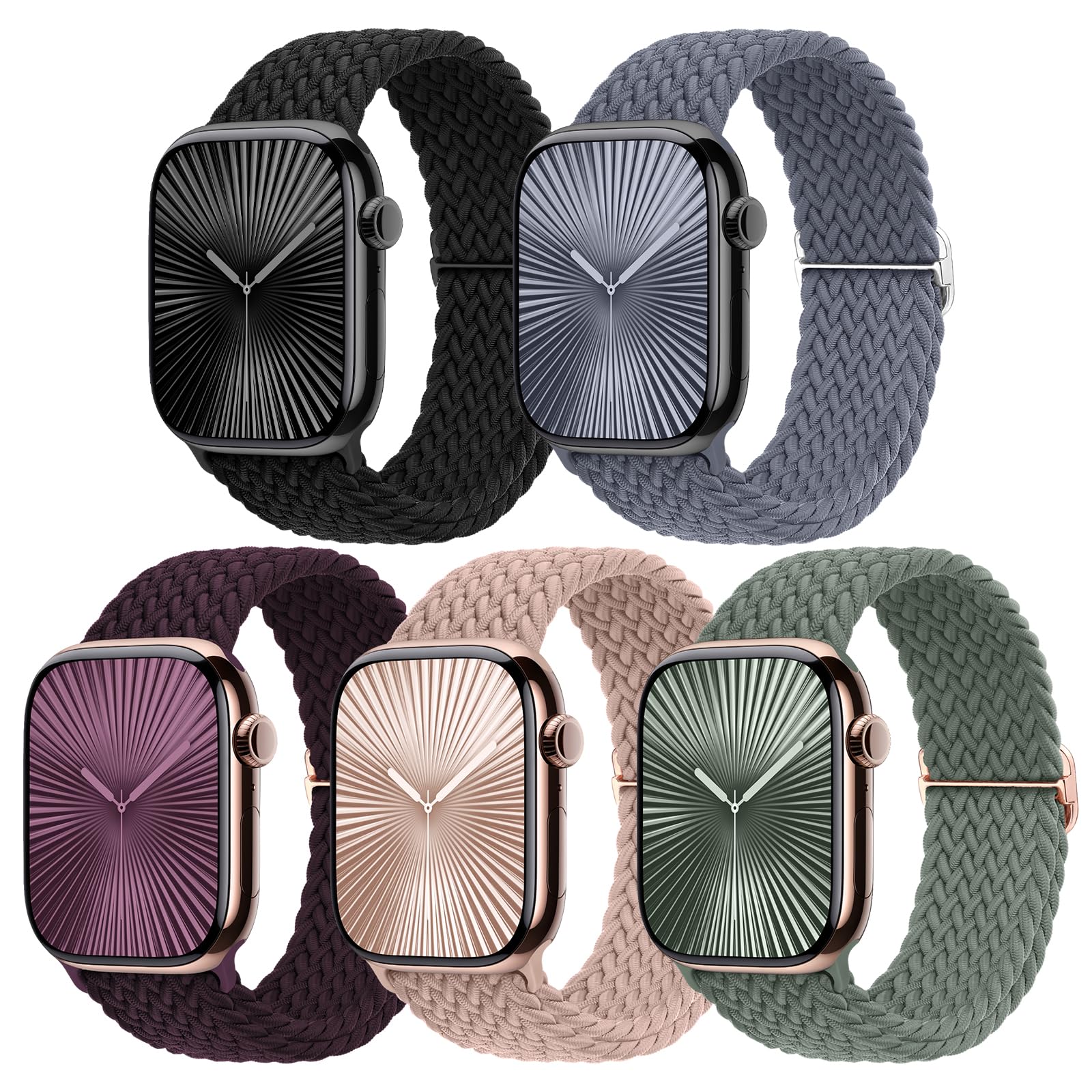 5 Pack Braided Stretchy Adjustable Straps Compatible For Apple Watch Band 38Mm 40Mm 41Mm 42Mm 44Mm 45Mm 46Mm 49Mm For Women Men