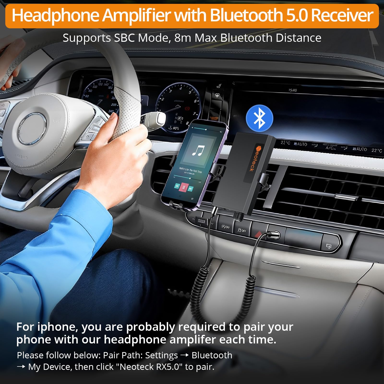 Neoteck Portable Headphone Amplifier Bluetooth 5.0 Receiver 16-300 Ohm Two-Stage Gain Aluminum Matte Gray