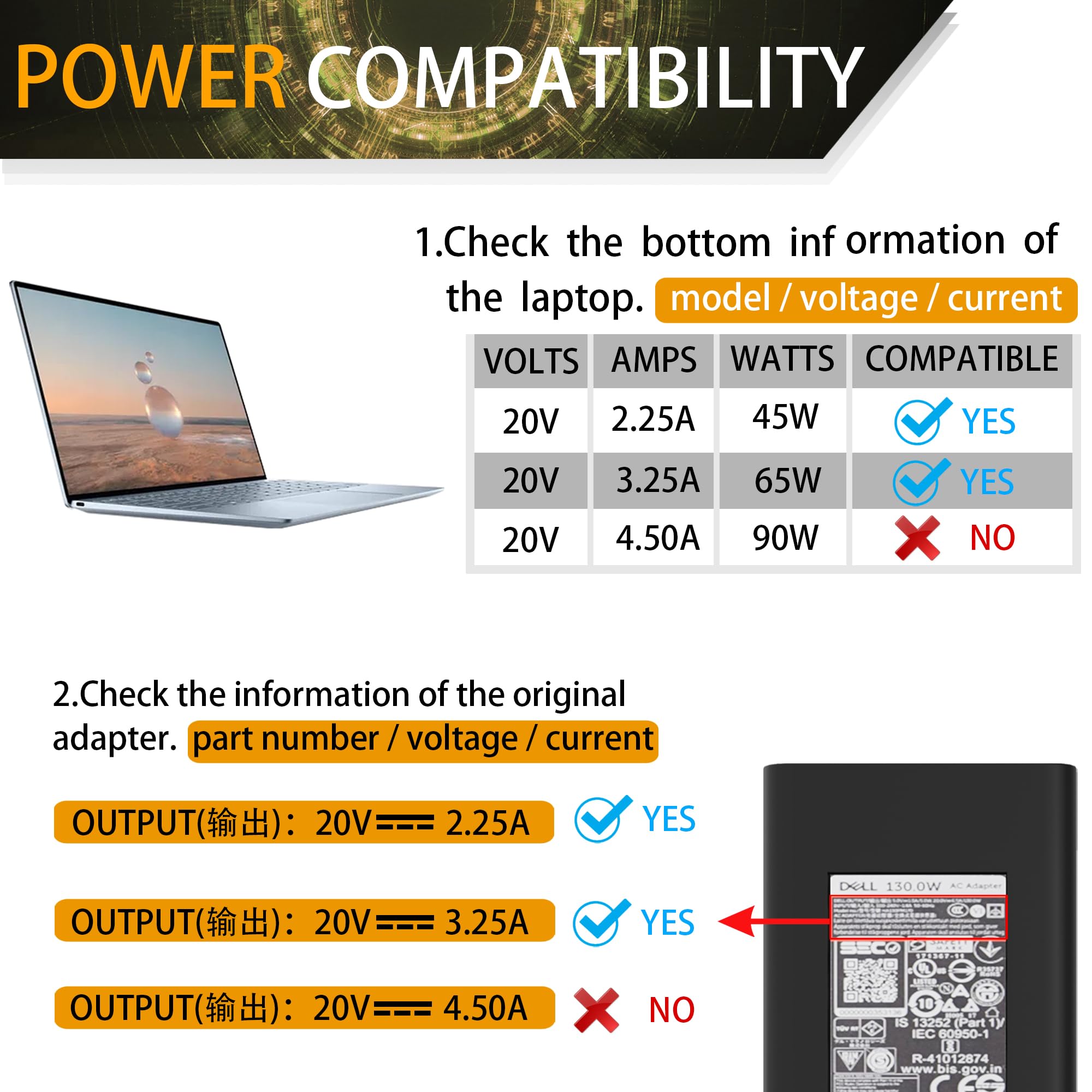Replacement For 130W Dell Usb C Charger,Laptop Charger 130W For Dell Xps 15 2In1 9575,Dell Precision 5570 3570 3470,Dell Latitud