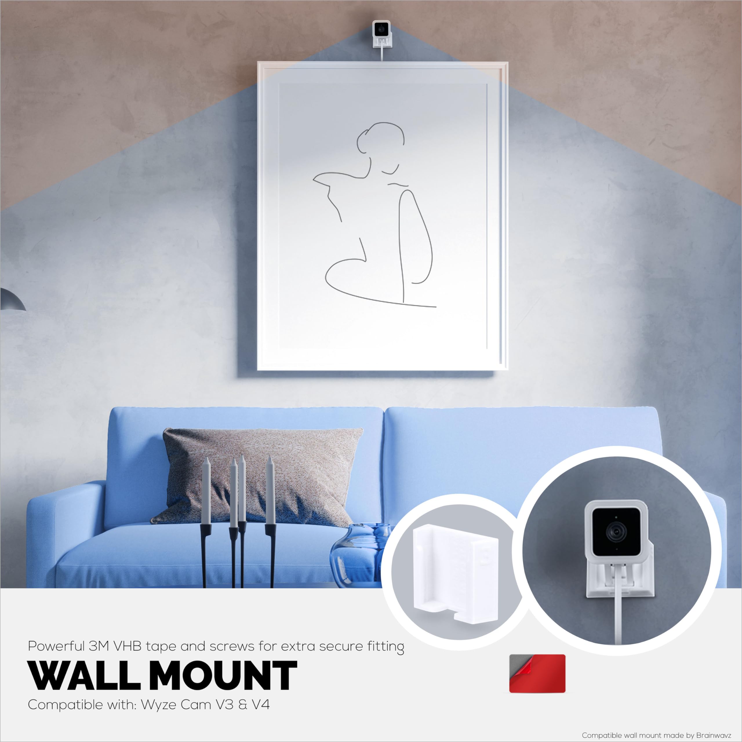 Brainwavz 3 Pack Wall Mount For Wyze Cam V3 & V4, Adhesive Vhb Stick On   Easy To Install, No Tools Needed, No Mess, No Drilling