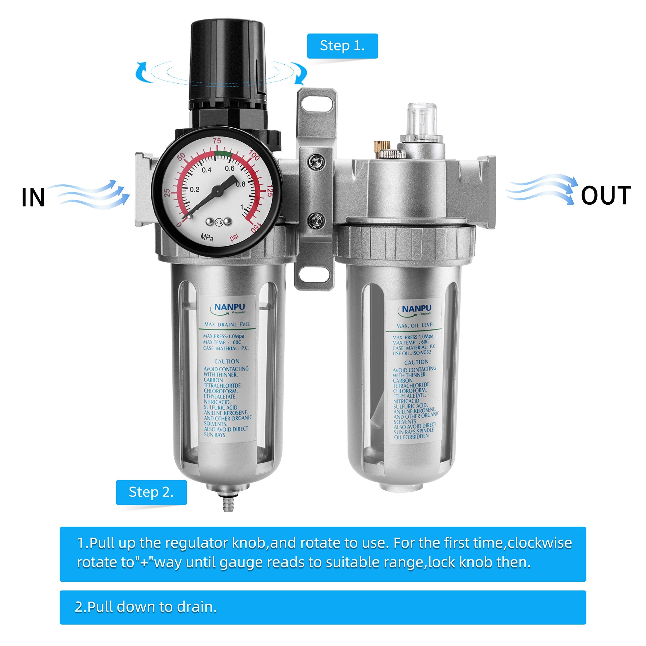 Nanpu 1/4'' Npt Air Filter Pressure Regulator Lubricato Dryer Gauge Kit Water/Oil Trap Separator 3 In 1 Twin Unit