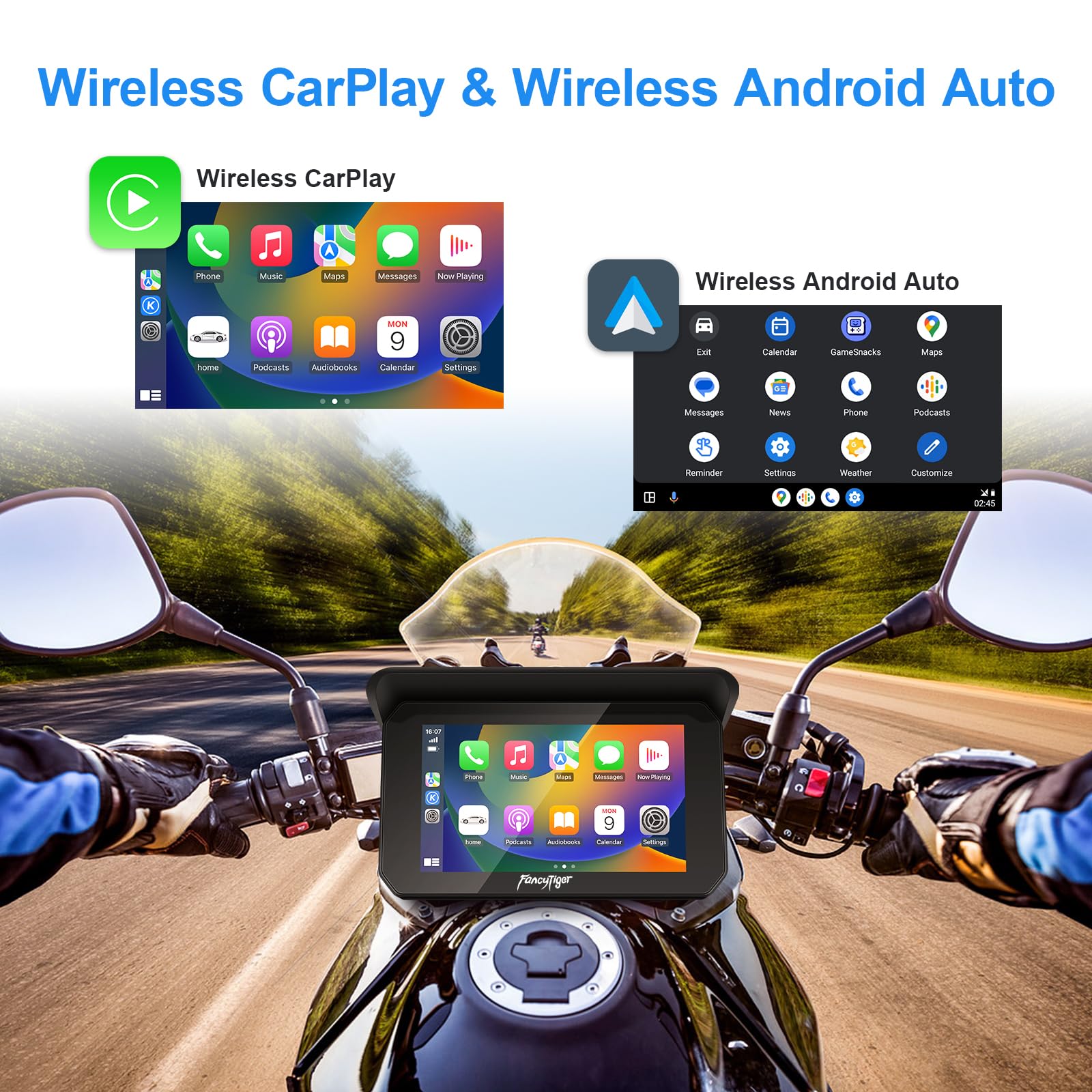 Fancytiger Portable Wireless Apple Carplay & Android Auto Screen For Motorcycle, Motorcycle Camera/Motorcycle Dash Cam, Tpms, 5