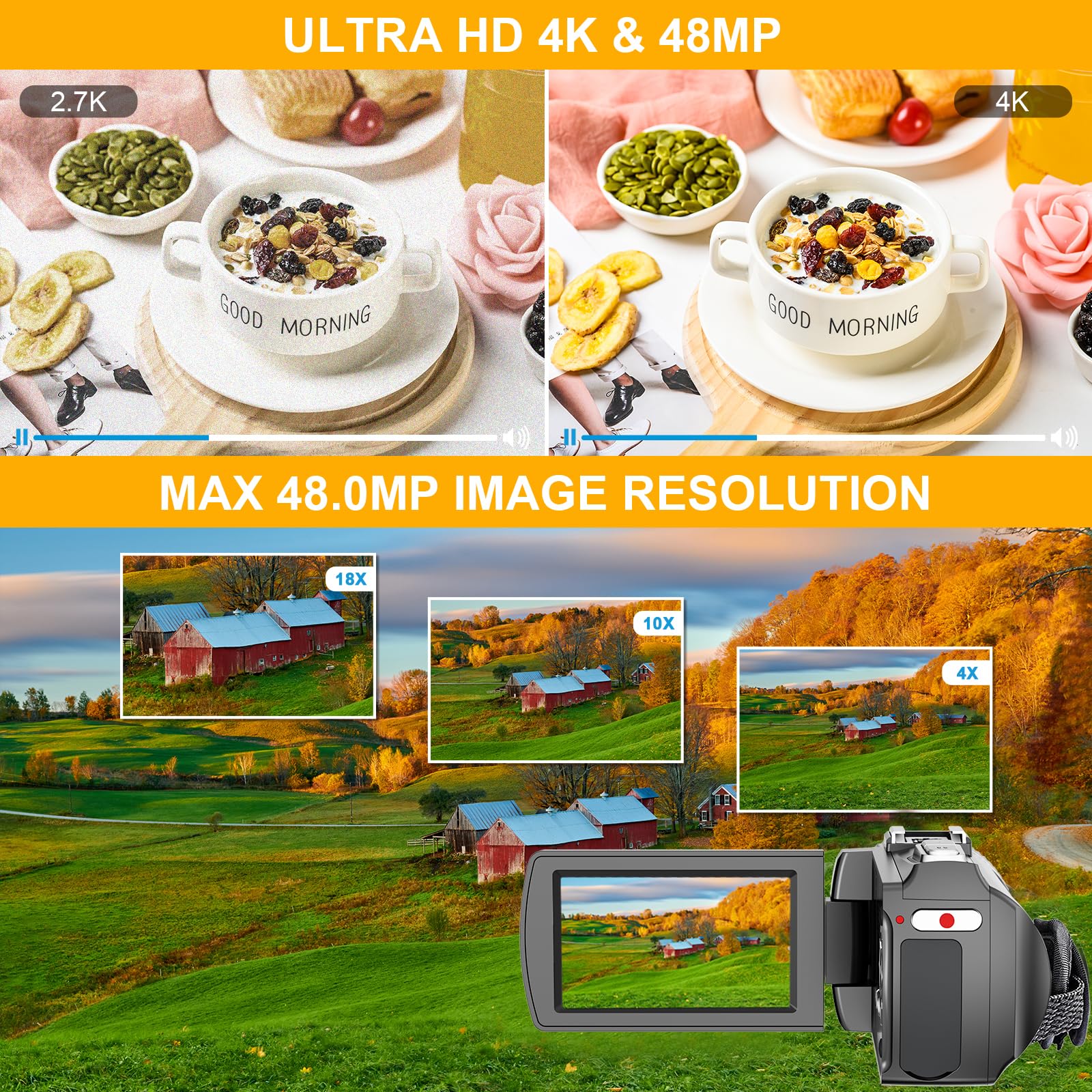 Video Camera Camcorder 4K 60Fps 48Mp Youtube Camera With Wireless Lavalier Mic & External Mic For Vlogging, Ultra Hd 3 Screen 18