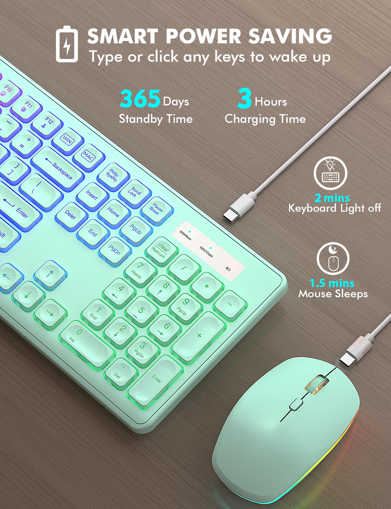 Wireless Keyboard And Mouse Combo   Rgb Backlit, Rechargeable & Light Up Letters, Full Size, Ergonomic Tilt Angle, Sleep Mode, 2.4Ghz Quiet Keyboard Mouse For Mac, Windows, Laptop, Pc, Mint Green