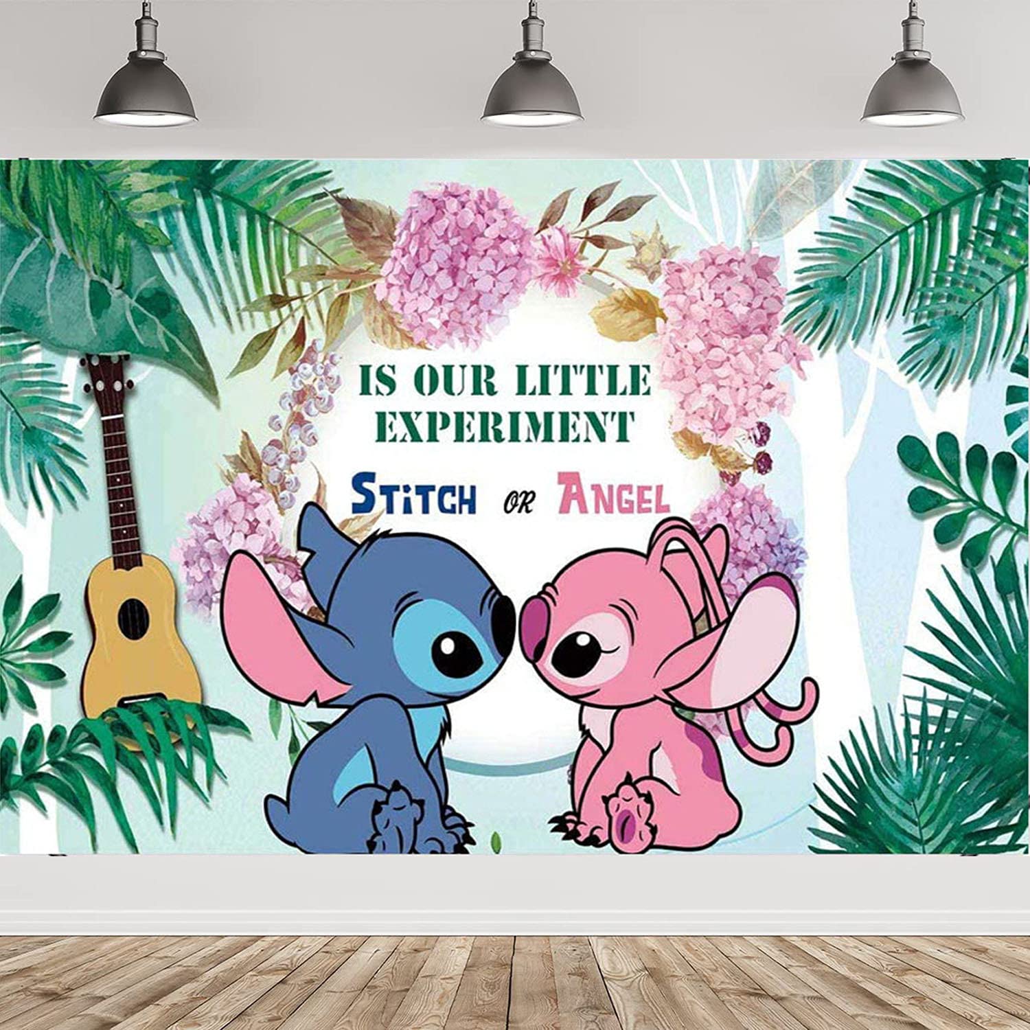 Okelaucfh Stitch And Angel Gender Reveal Party Background Jungle Leaves Theme Background 5 X 3Ft Baby Shower Tropical Hawaii Pho