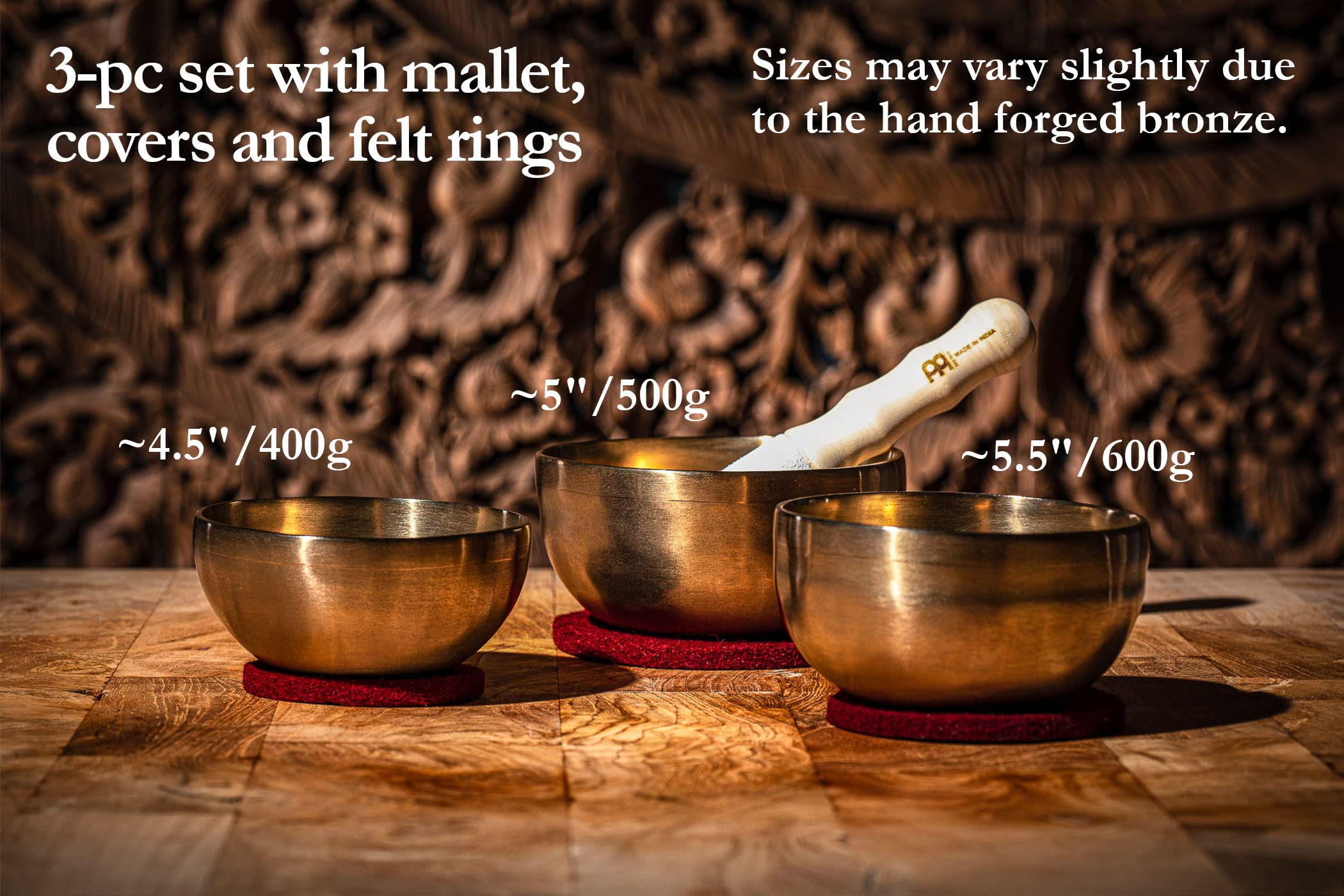 3 Piece Bronze Singing Bowl Set With Mallet, Felt Rings And Covers, Universal Series   Made In India   For Meditation, Yoga And