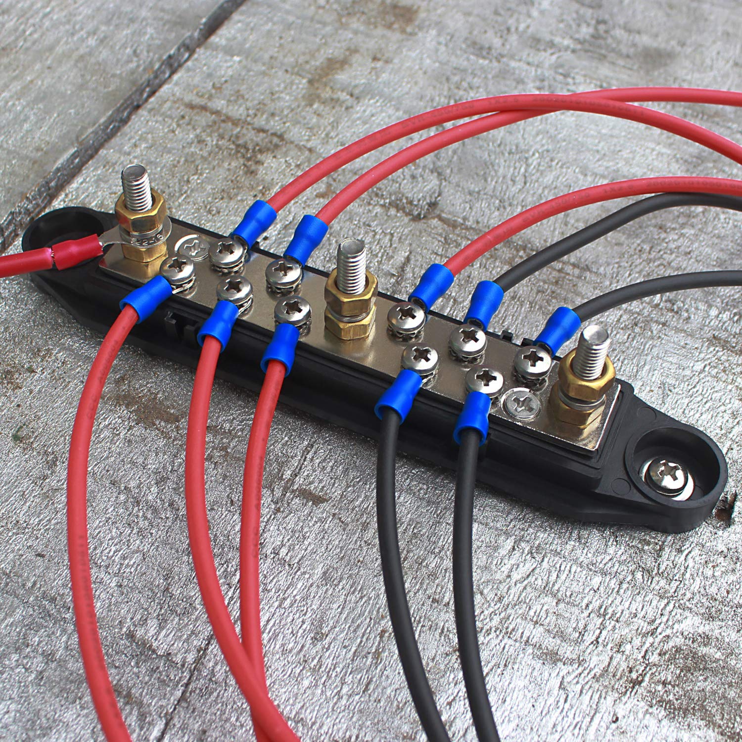 Mofeez Bus Bar  3X1/4   Post,10X#8 Screw Terminal Power Distribution Block With Ring Terminals(Pair   Red & Black)