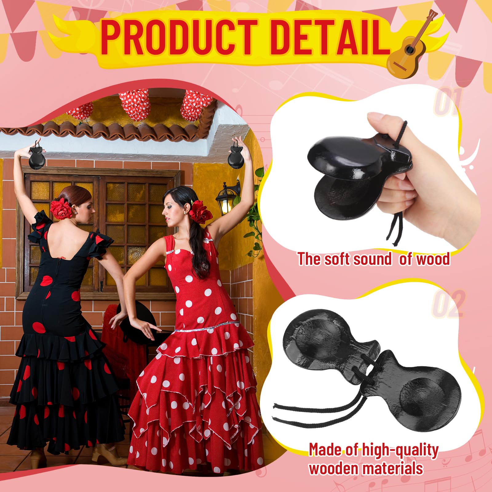 Motionchic 2 Pack Spanish Castanets Flamenco Castanets With String Traditional Wood Hand Percussion Castanets For Adults Kids Mu