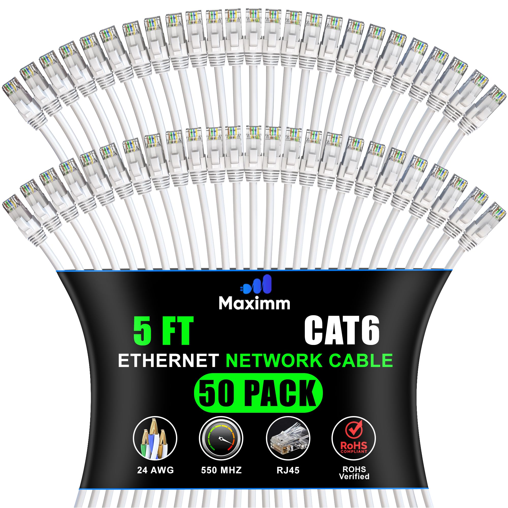 Maximm Cat 6 Ethernet Cable 5 Ft (50-Pack) - High-Speed LAN, Internet, Patch, and Network Cord - UTP, 10Gbps, 550MHz - White