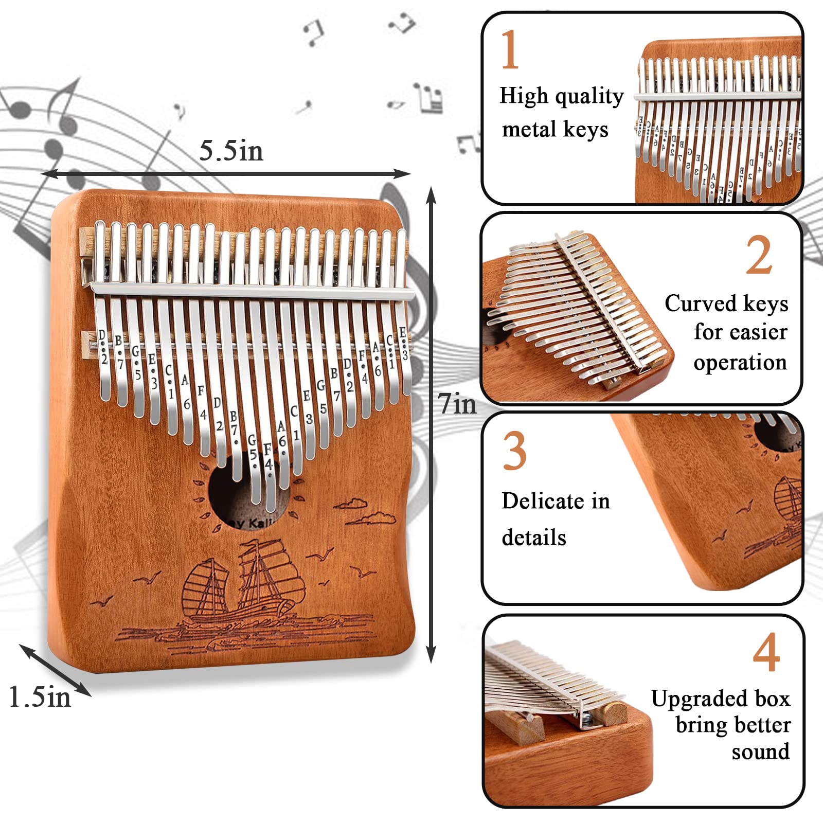 Finger Piano Kalimba 21 Keys, Calimba, Kalimba 21 Key With Tuning Hammer And Instructions, Sail Away Thumb Piano For Adults And