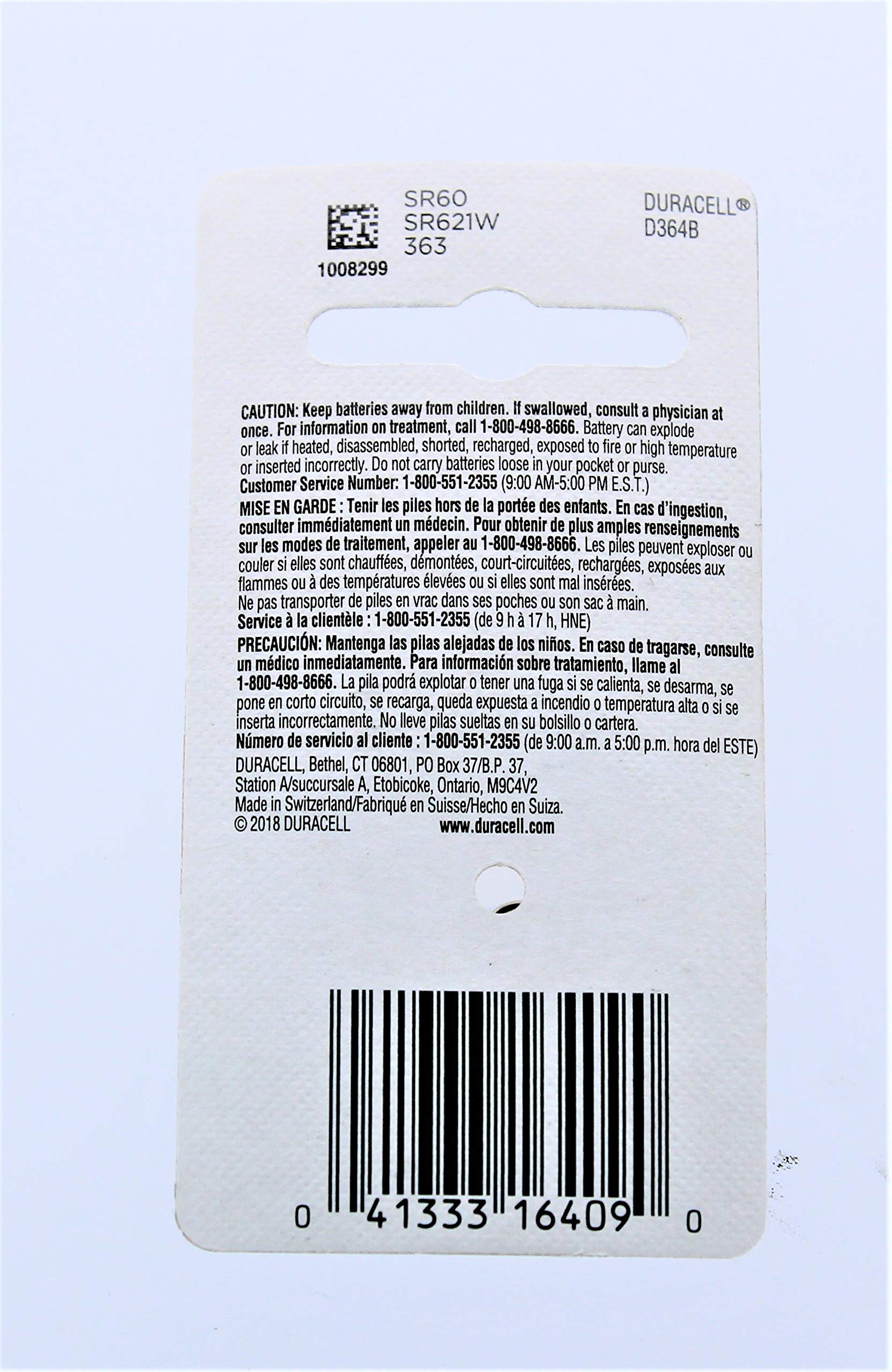 Duracell Watch And Electronic Battery 1.5 V Silver Oxide Model No. 364 Carded