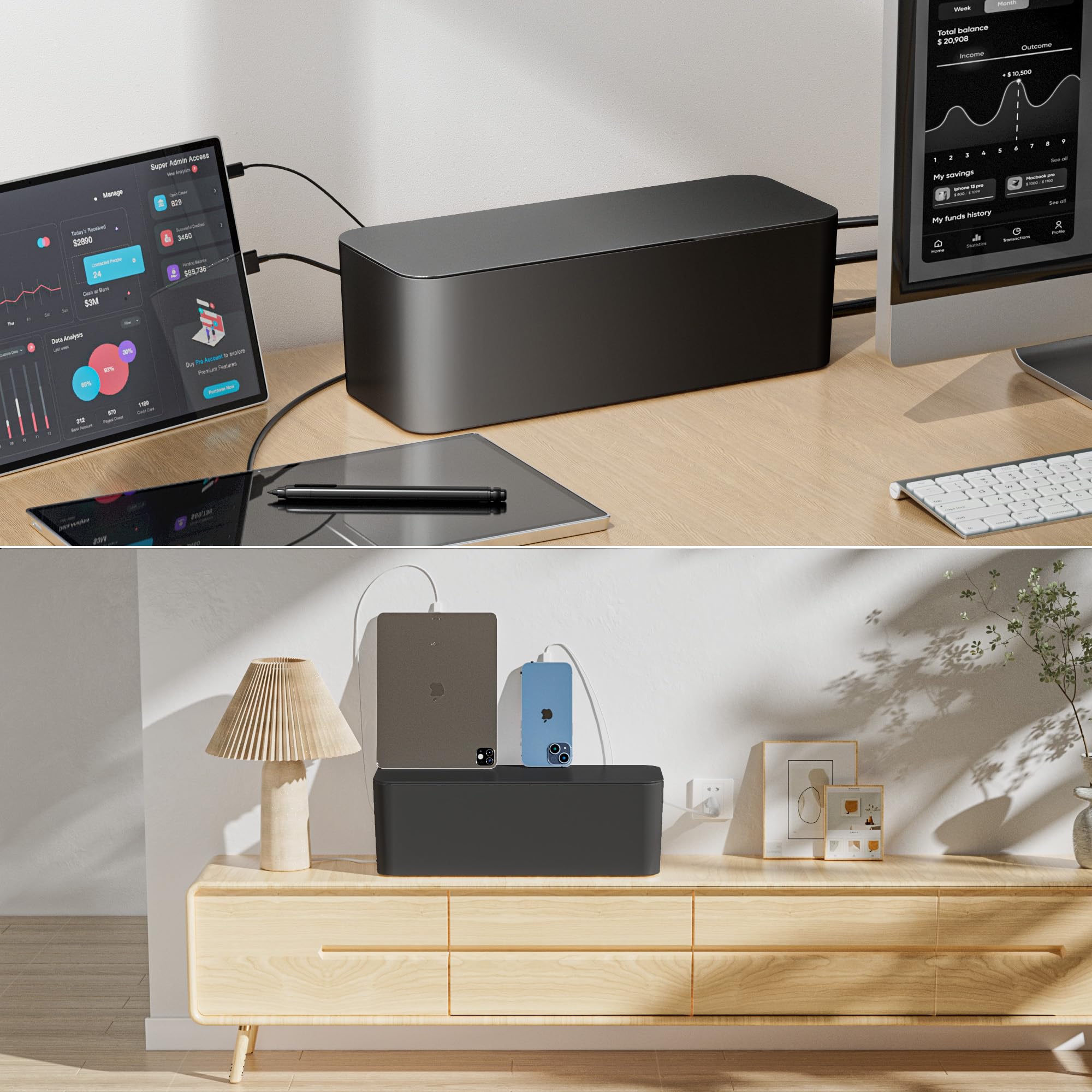 Yecaye 2 Pack Cable Management Box,Large & Medium Cable Organizer Box For Safe Home & Office Space, Child & Pet Proof Cord Organ