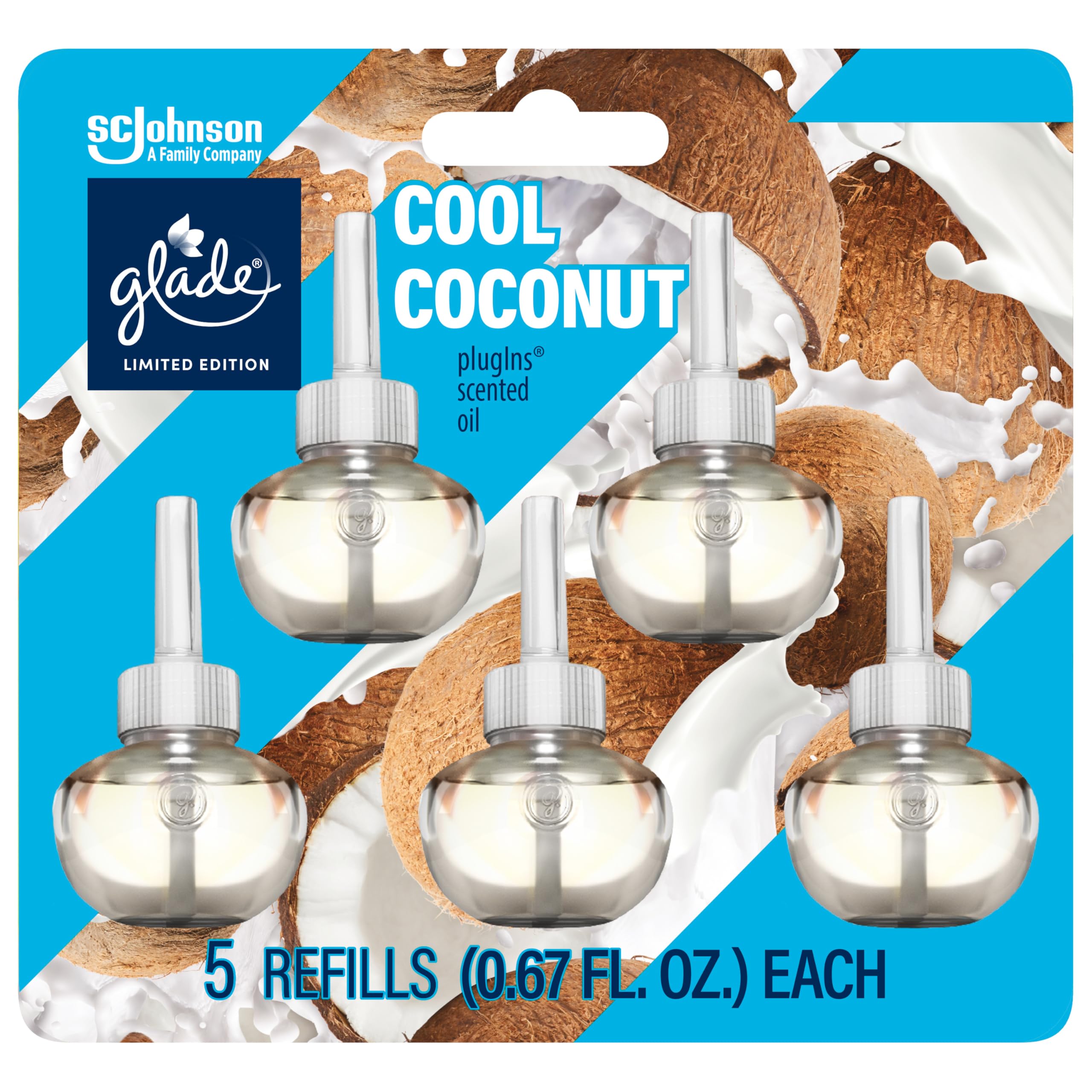 Glade Plugins Scented Oil Air Freshener, Cool Coconut Limited Edition, 3.35 Oz Total, 5 Refills