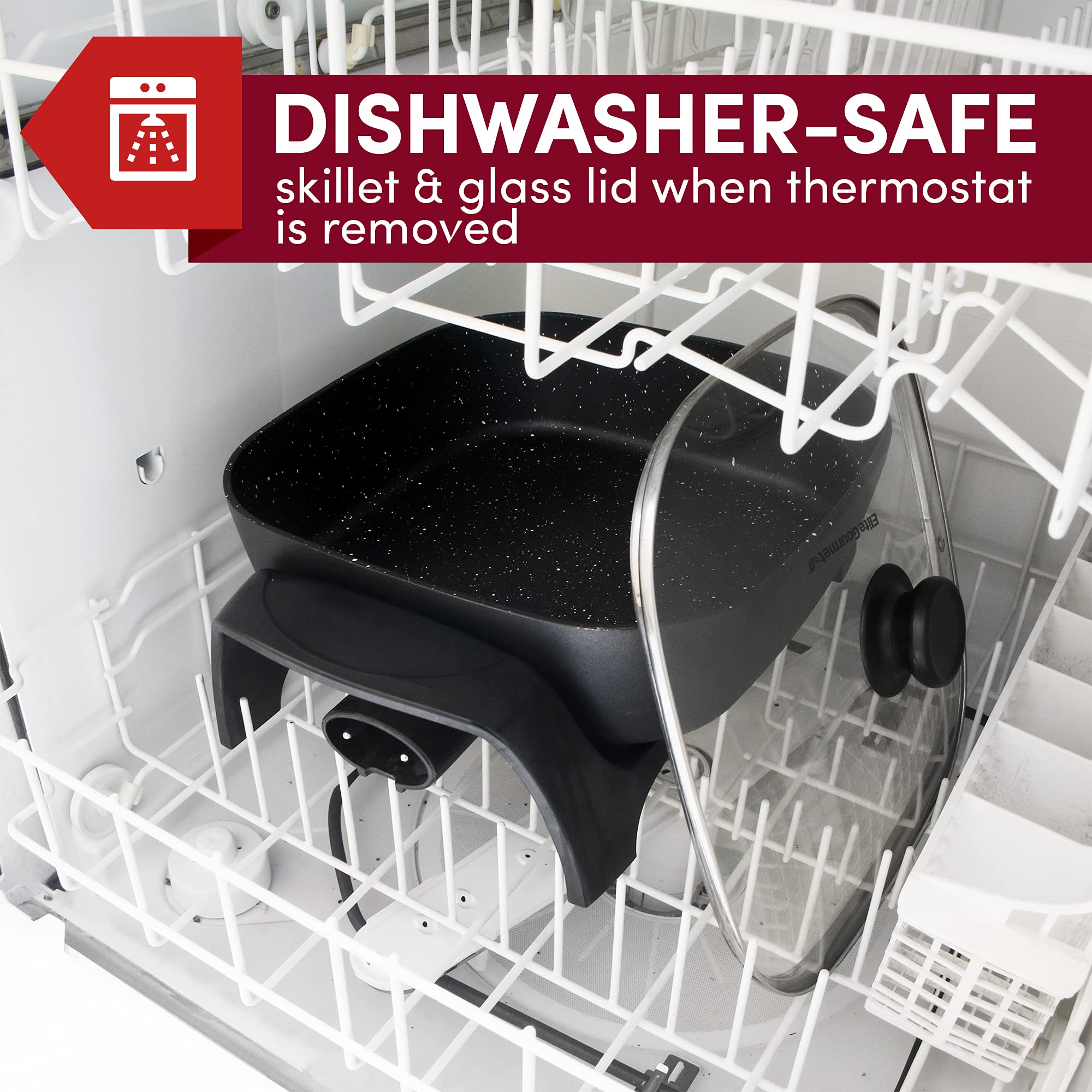 Elite Gourmet Eg6201 Extra Deep 12''X12''X3.2'' (7.5Qt.) Scratch Resistant Dishwasher Safe, Non Stick Electric Skillet With Glas