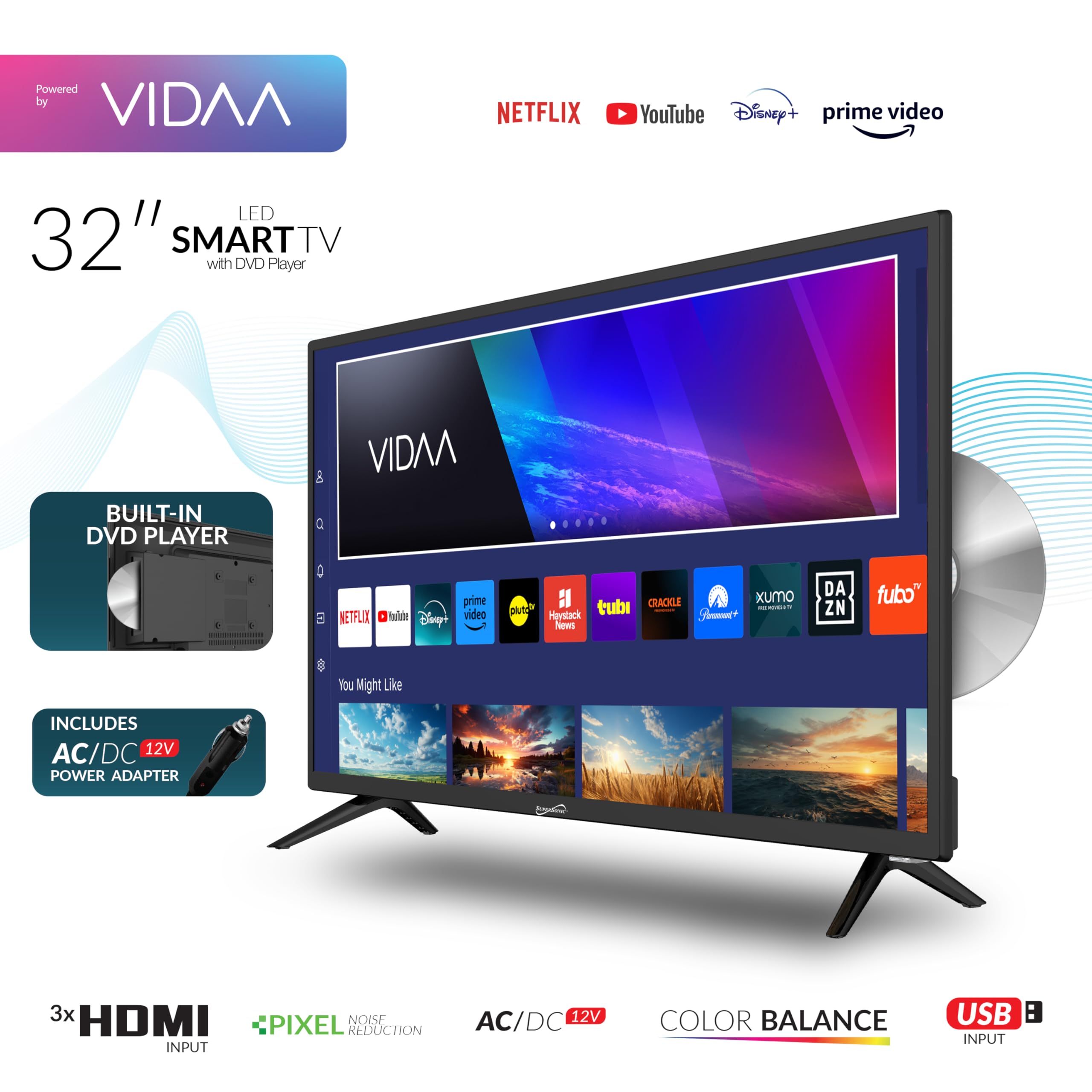 Supersonic Sc 3226Sdvd 32 Inch Led Smart Hdtv W/Dvd Player, Atsc & Ntsc System, 3X Hdmi, 1080P, Wifi, Usb, Multi Language Osd, A