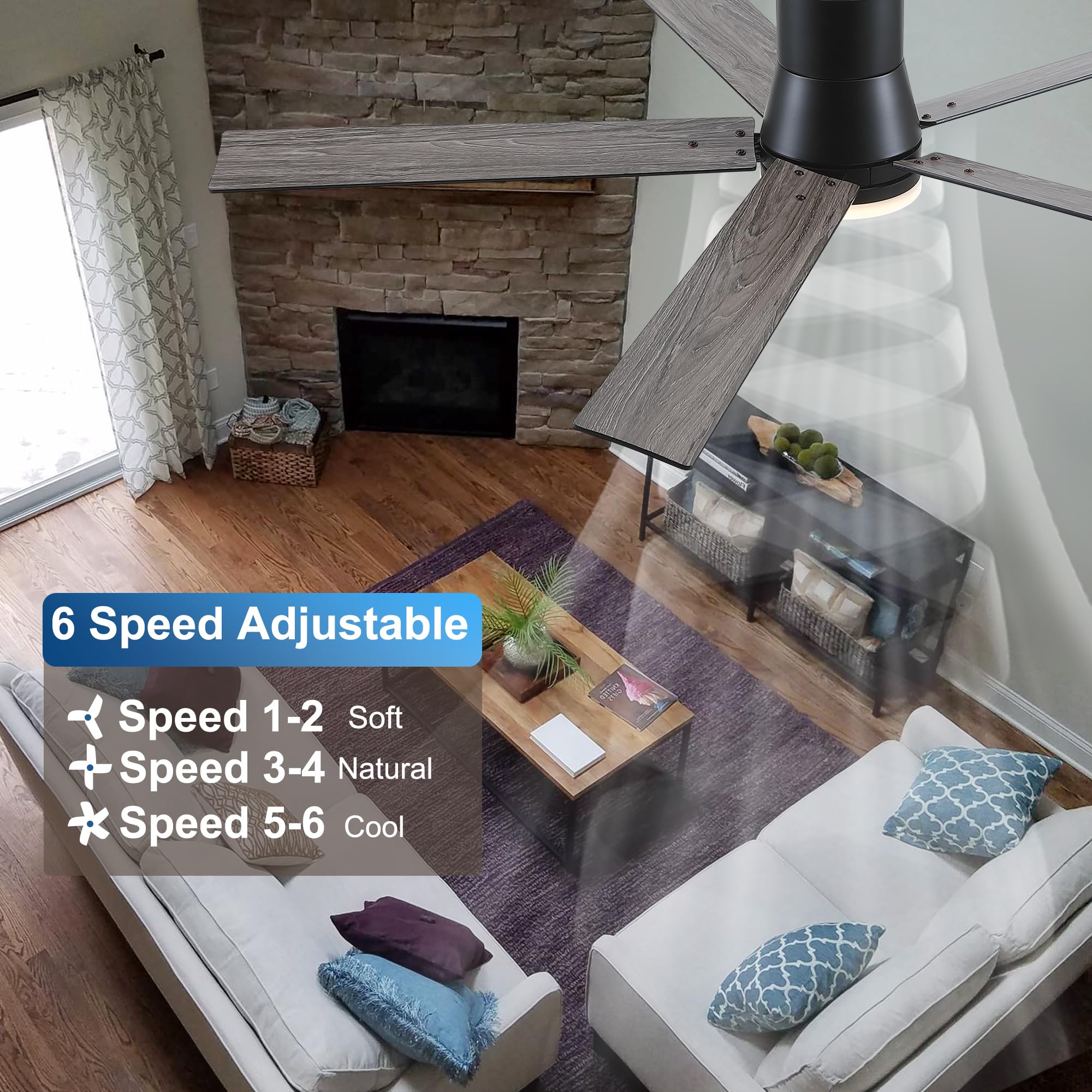 60 Inch Ceiling Fans With Lights And Remote,Flush Mount Black Ceiling Fan With 5 Blades,6 Speed Reversible Dc Motor,3Cct Dimmabl