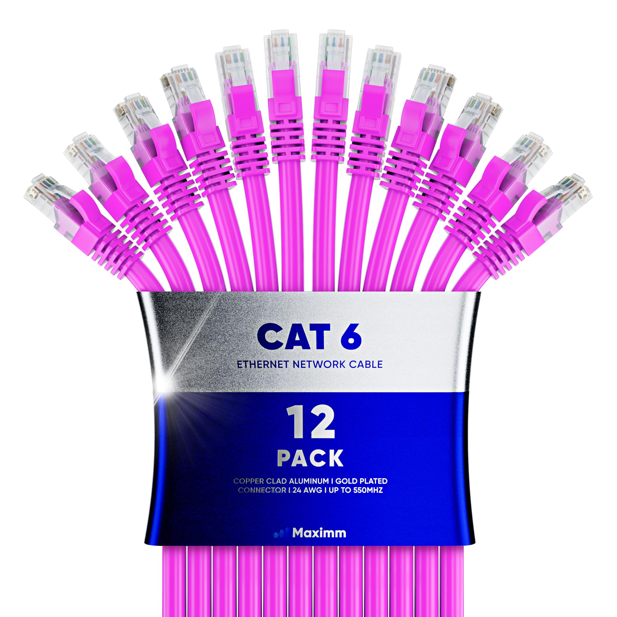 Maximm Cat 6 Ethernet Cable 50 Ft (12 Pack)   High Speed Lan Cable, Internet Cable, Patch Cable, And Network Cable   Utp, 10Gbps, 550Mhz Ethernet Cord   Pink