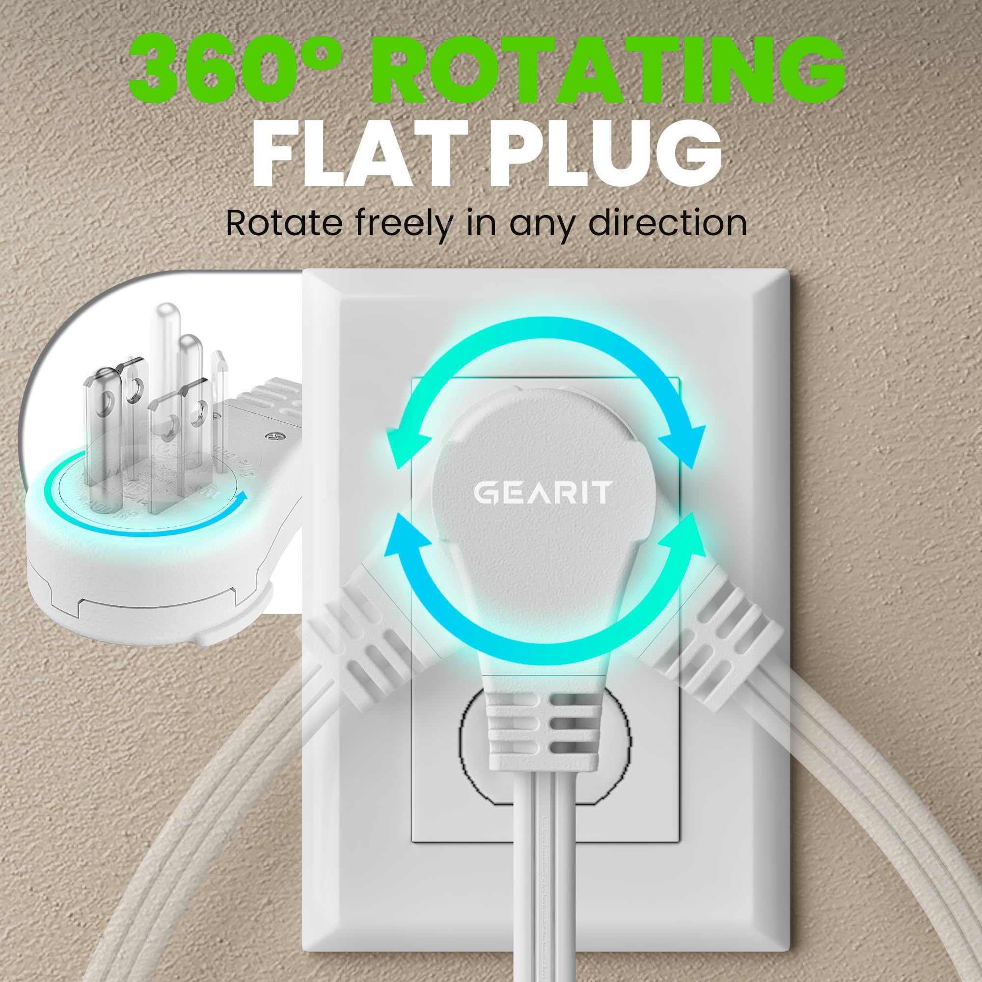 Gearit 360 Rotating Flat Plug Extension Cord (15Ft, White) Multi 3 Outlet Extension 16 Awg Wire, Adapter For Small Spaces, Right