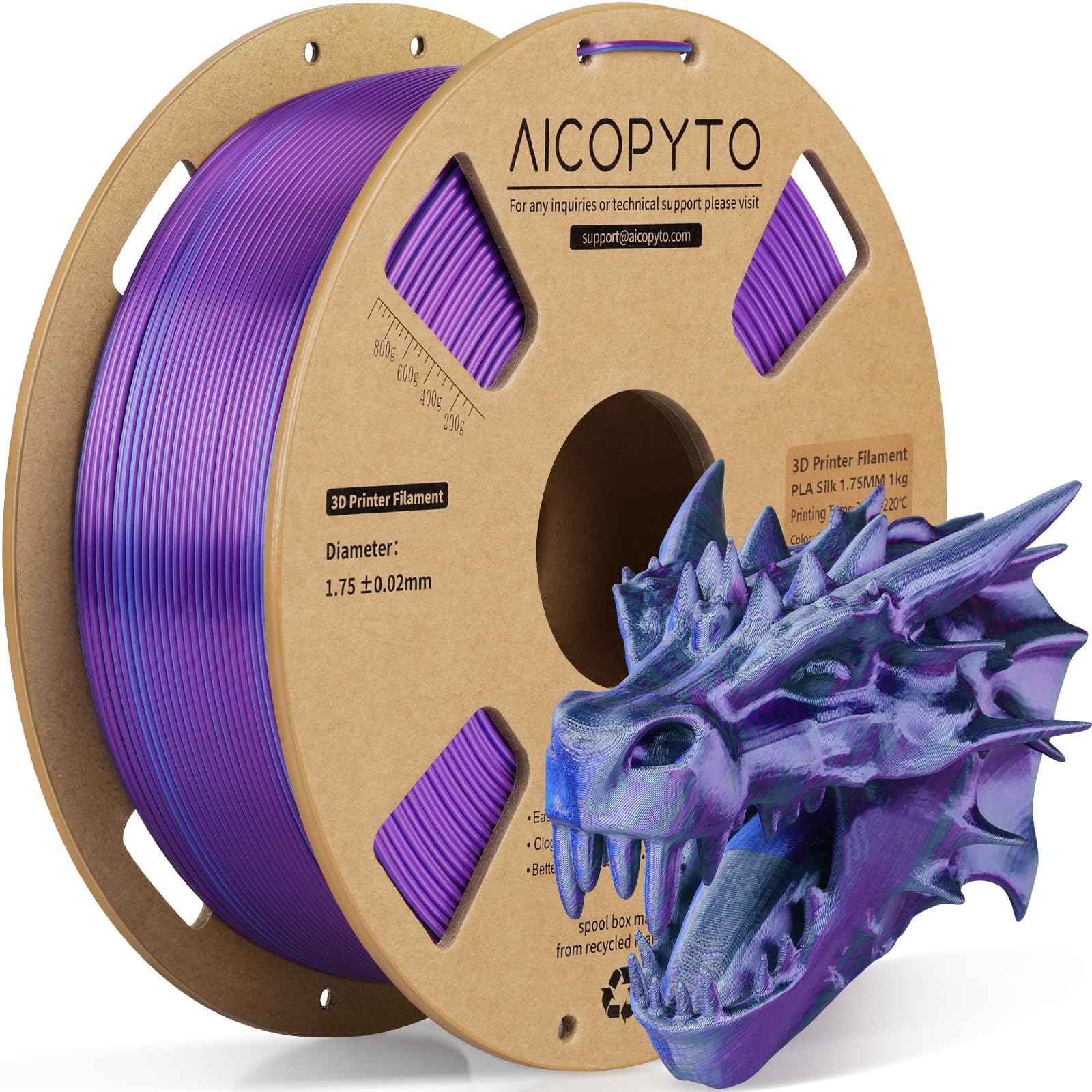 AICOPYTO Dual Color Silk PLA 3D Printer Filament 1.75mm,Dual Color 2-in-1 Purple-Blue Silk Filament 1KG Spool (2.2lbs) Dimension