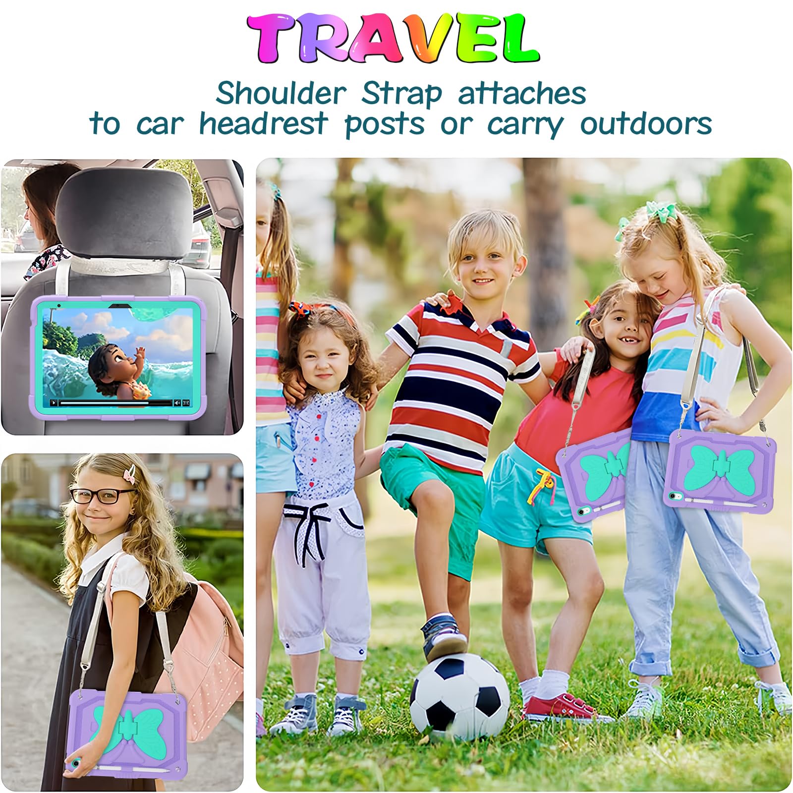 Ambison Case For Ipad 10Th Generation 2022 10.9 Inch For Kids Girls,With 9H Tempered Glass Screen Protector, Rugged Heavy Duty Shockproof Protective Case With Butterfly Stand,Carrying Strap Purple