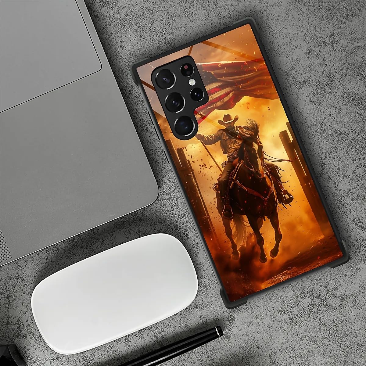 Carloca Compatible With Samsung Galaxy S22 Ultra Case, Horse American Flag Cowboy Pattern For Girl Ultra Protection Shockproof S