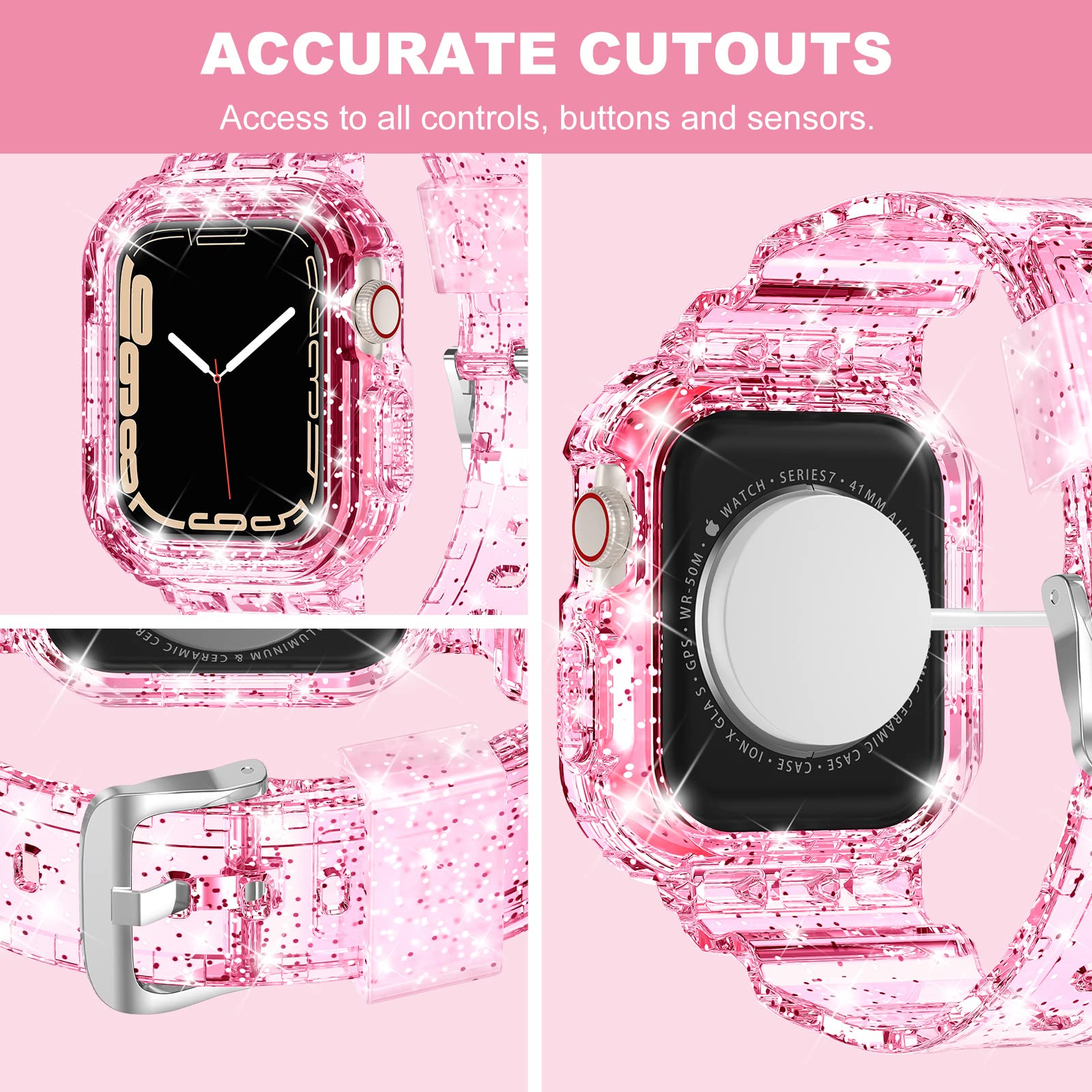 Xyf Compatible For Crystal Clear Apple Watch Bands, 45Mm 44Mm 42Mm 41Mm 40Mm 38Mm Bumper Case For Men Women Jelly Case Band For Iwatch Ultra 2/1 Series 9 8 7 Se/6 5 4 3 2 1 (Glitterpink, 42/44/45Mm)