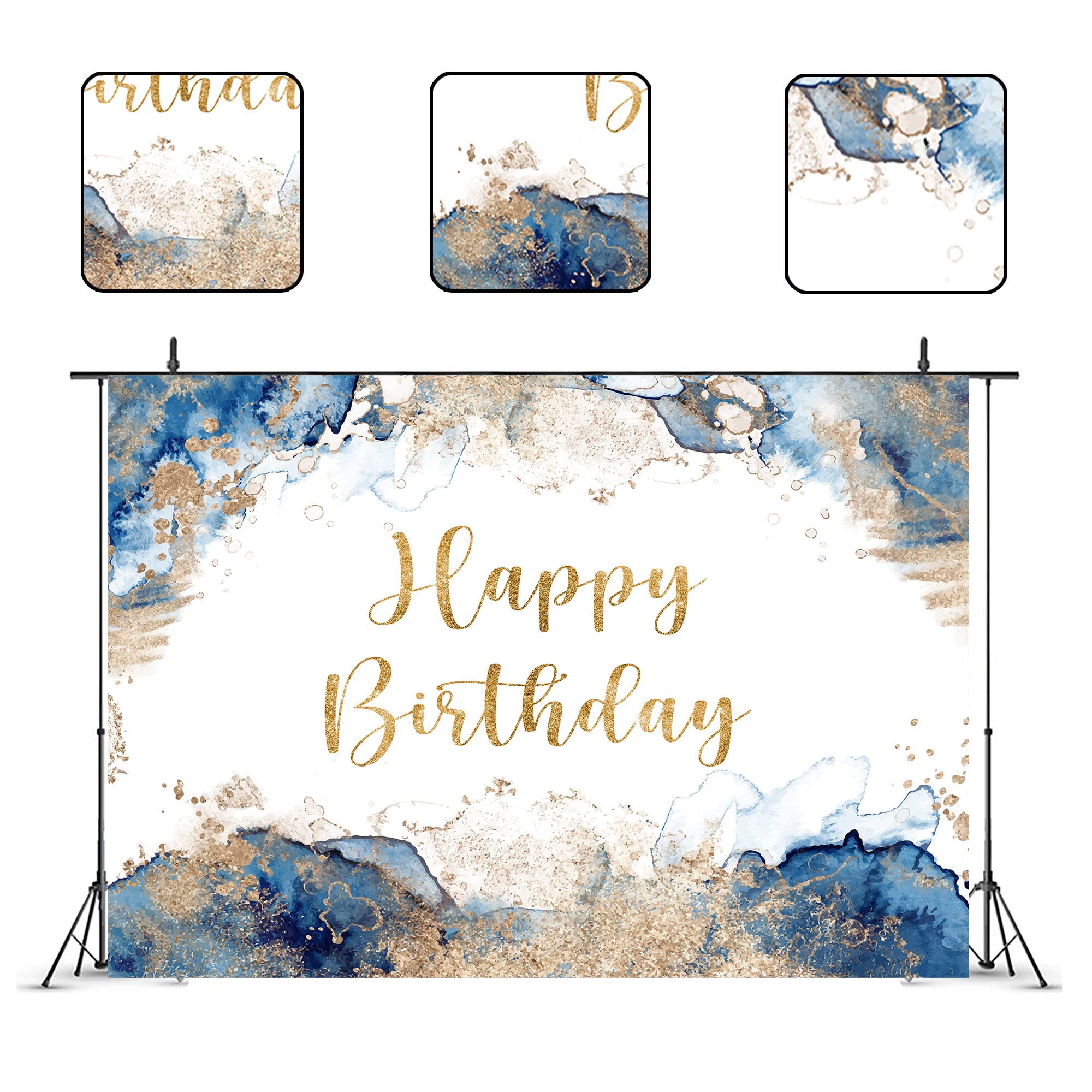 Glawry Blue Happy Birthday Backdrop Men Banner 7Wx5H Feet Abstract Watercolor Navy Golden Dots Ink Sparkle Girl Boy Women Party