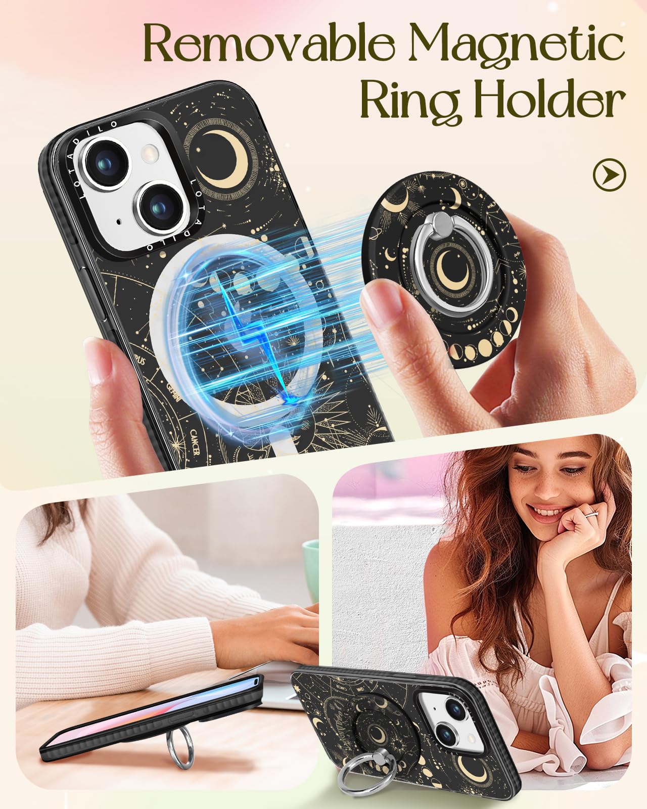 Lotadilo For Iphone 13 Case For Women Girls - Cute Design Compatible With Magsafe Magnetic Ring Holder Stand Moon Sun Stars Aest