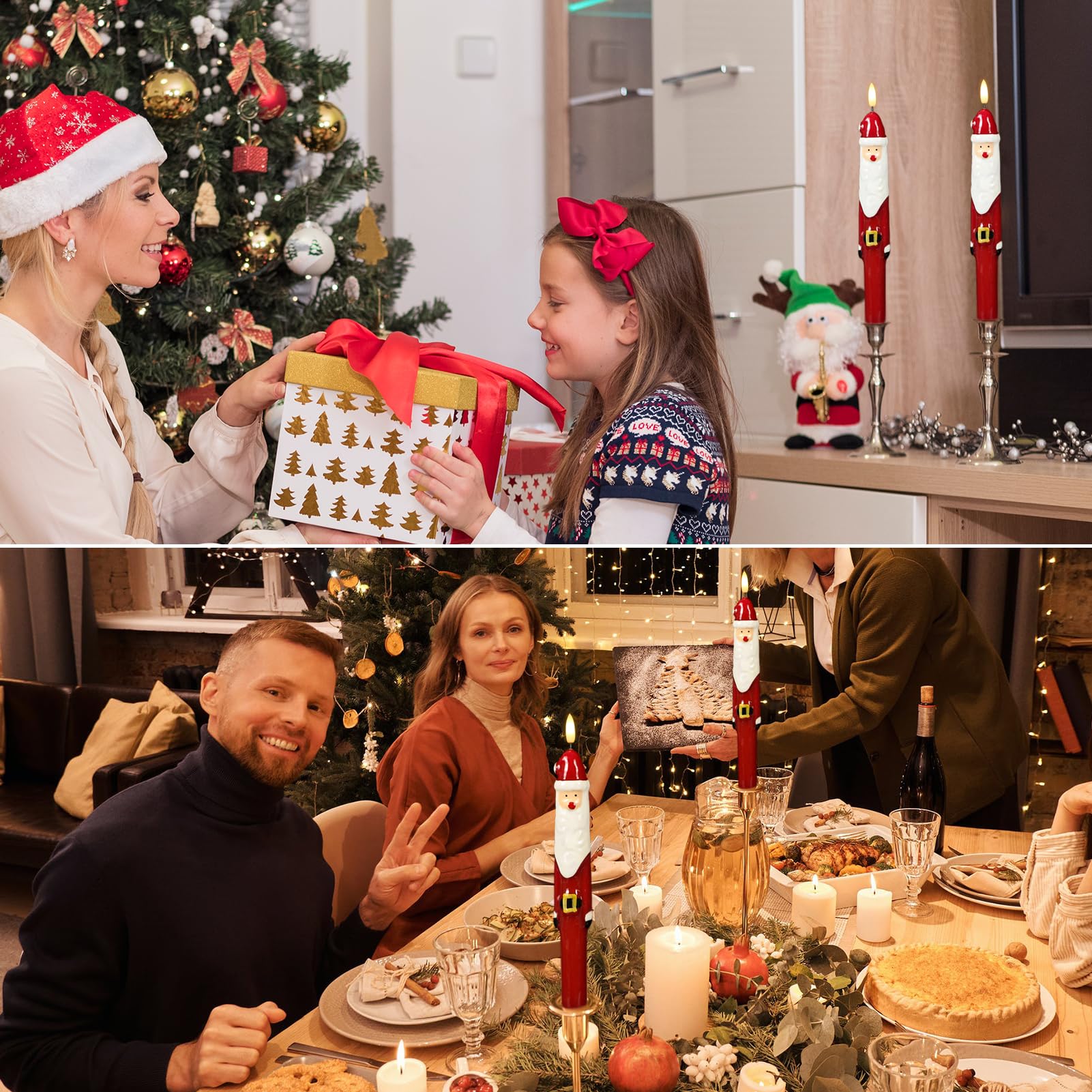 Kunswenn Christmas Flameless Taper Candles, Led Flameless Candlesticks With Remote Timer, 2 Pcs Christmas Santa Led Taper Candle
