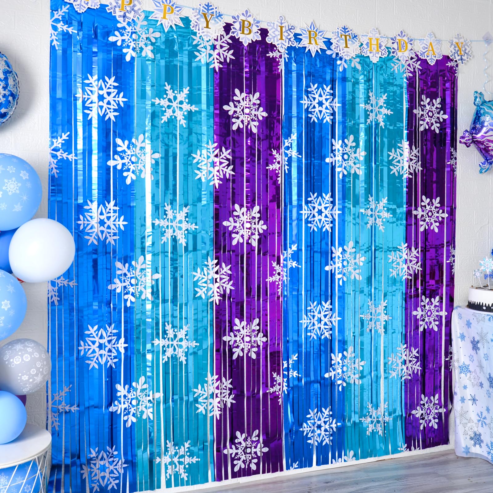 Bupelo Winter Princess Birthday Party Decorations, 2 Pack Ice Birthday Party Supplies 3.3x6.6ft Tinsel Foil Fringe Curtains, Win