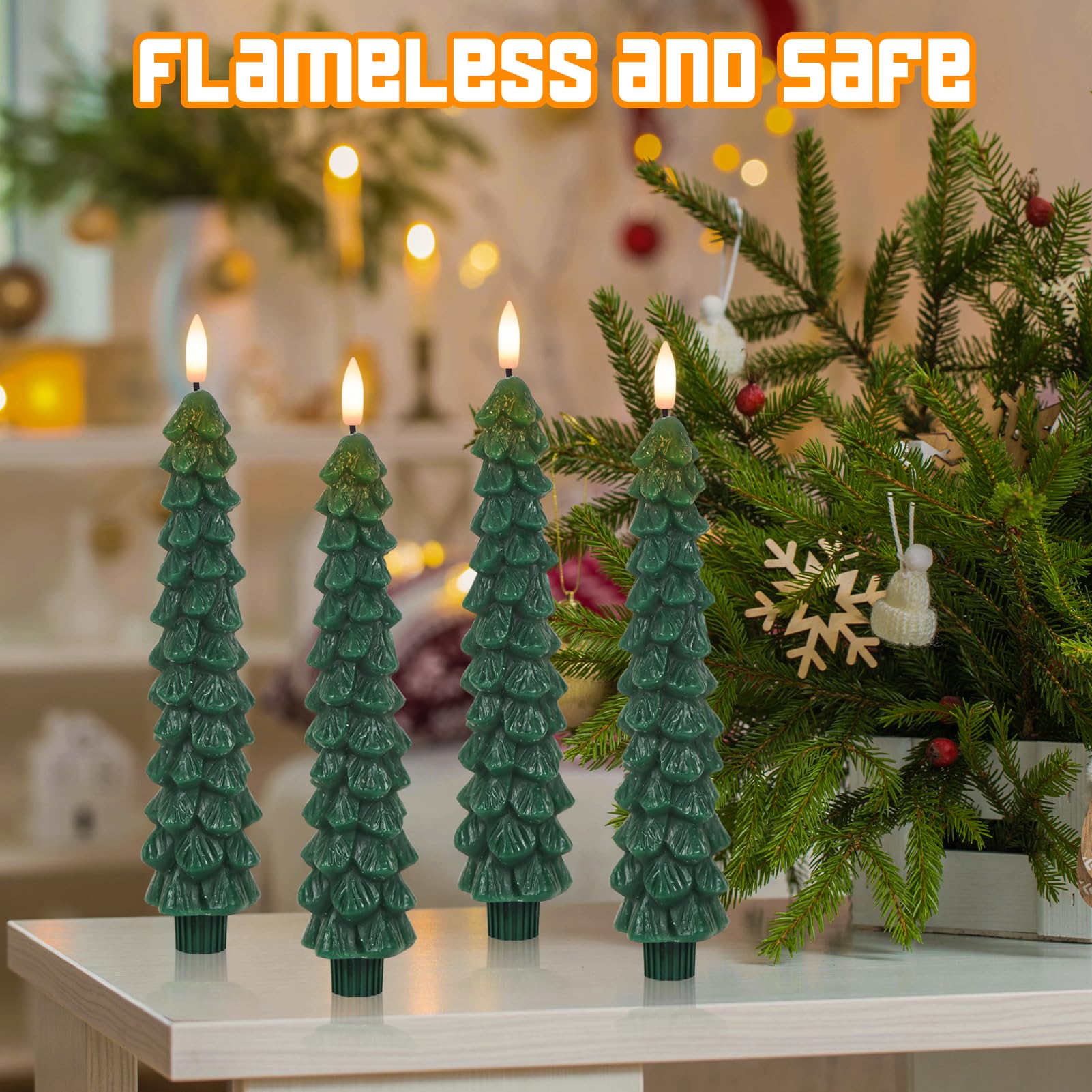 Lasumora Christmas Tree Candles With Remote Timer, 4 Pcs Waxy Flameless Taper Candles Flickering, Battery Operated Led Candlesti